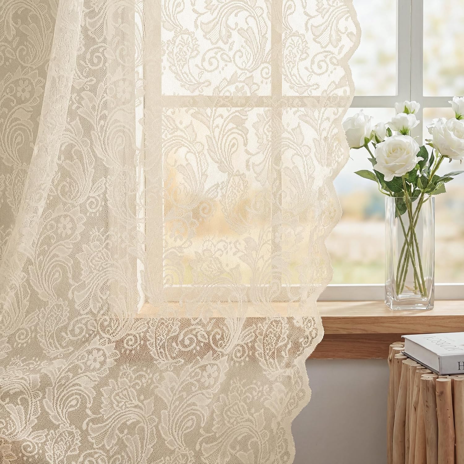 Horaldaily Beige Lace Curtains for Living Room and Bedroom, Farmhouse Boho Floral Lace Sheer Curtains, Rod Pocket, Light Filtering, Vintage Sheer Drapes, 55" W x 84" L, 2 Panels