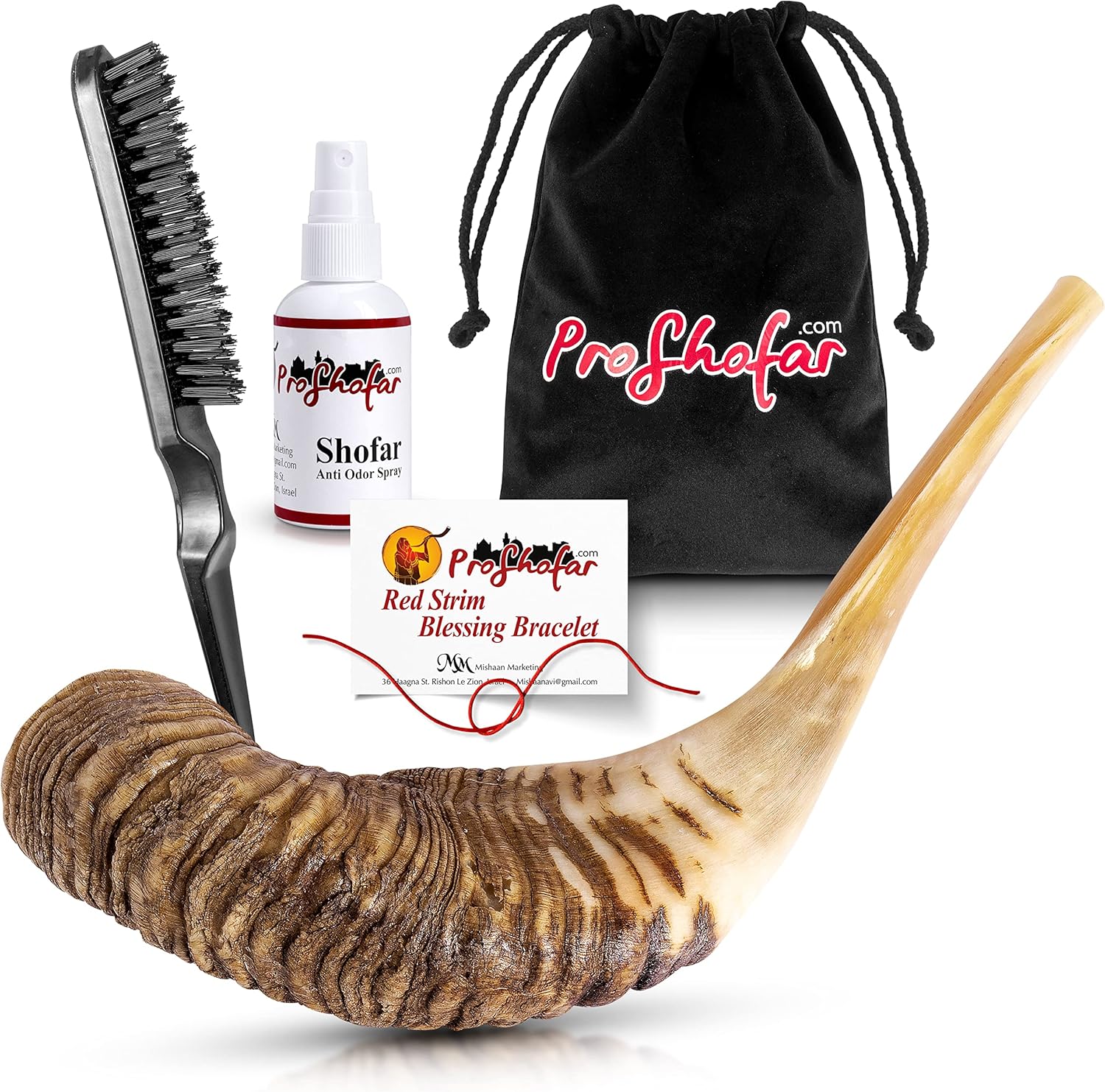 Shofar Set (Velvet Carry Bag, Odor neutralizer spray, Cleaning Brush, Guide and Red Bracelet from Holy Land) Ram Horn Shofar Half Polished, Kosher Made in Israel
