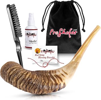 Shofar Set Velvet Carry Bag, Odor neutralizer spray, Cleaning Brush, Guide and Red Bracelet from Holy Land Ram Horn Shofar Half Polished, Kosher Made in Israel