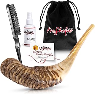 Shofar Set (Velvet Carry Bag, Odor neutralizer spray, Cleaning Brush, Guide and Red Bracelet from Holy Land) Ram Horn Shofar Half Polished, Kosher Made in Israel