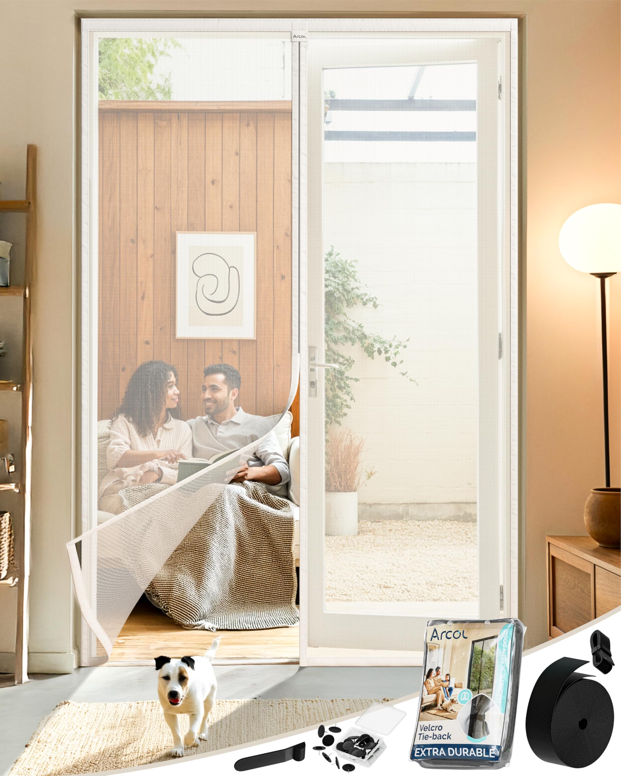 ARCOL Fliegengitter Balkontür 100x210 cm cm aus Fiberglas – Schluss mit Mücken in 3 Min., Ultrafeines Insektennetz, Automatischer Verschluss mit Magneten & Gewichten, Extrabreites Klettband (Weiß)
