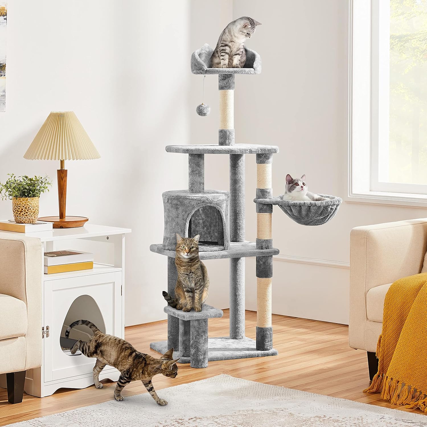 Topeakmart Cat Tree 57in, Multi Level Cat Tower with Basket & Condo & Scratching Post & Padded Perch & Extended Platform & Fur Ball Cat Furniture