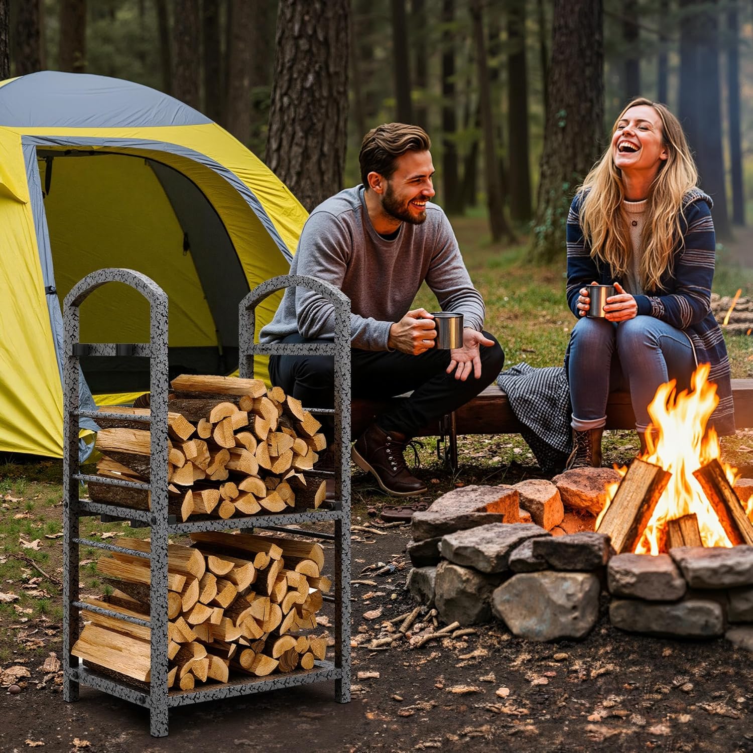 30 Inch High Firewood Rack Outdoor, Indoor Wood Rack for Firewood, Fire Wood Storage with Kindling Hooks, Heavy Duty Metal Logs Racks Storage Organizer for Fireplace Deck Outdoor, Sliver