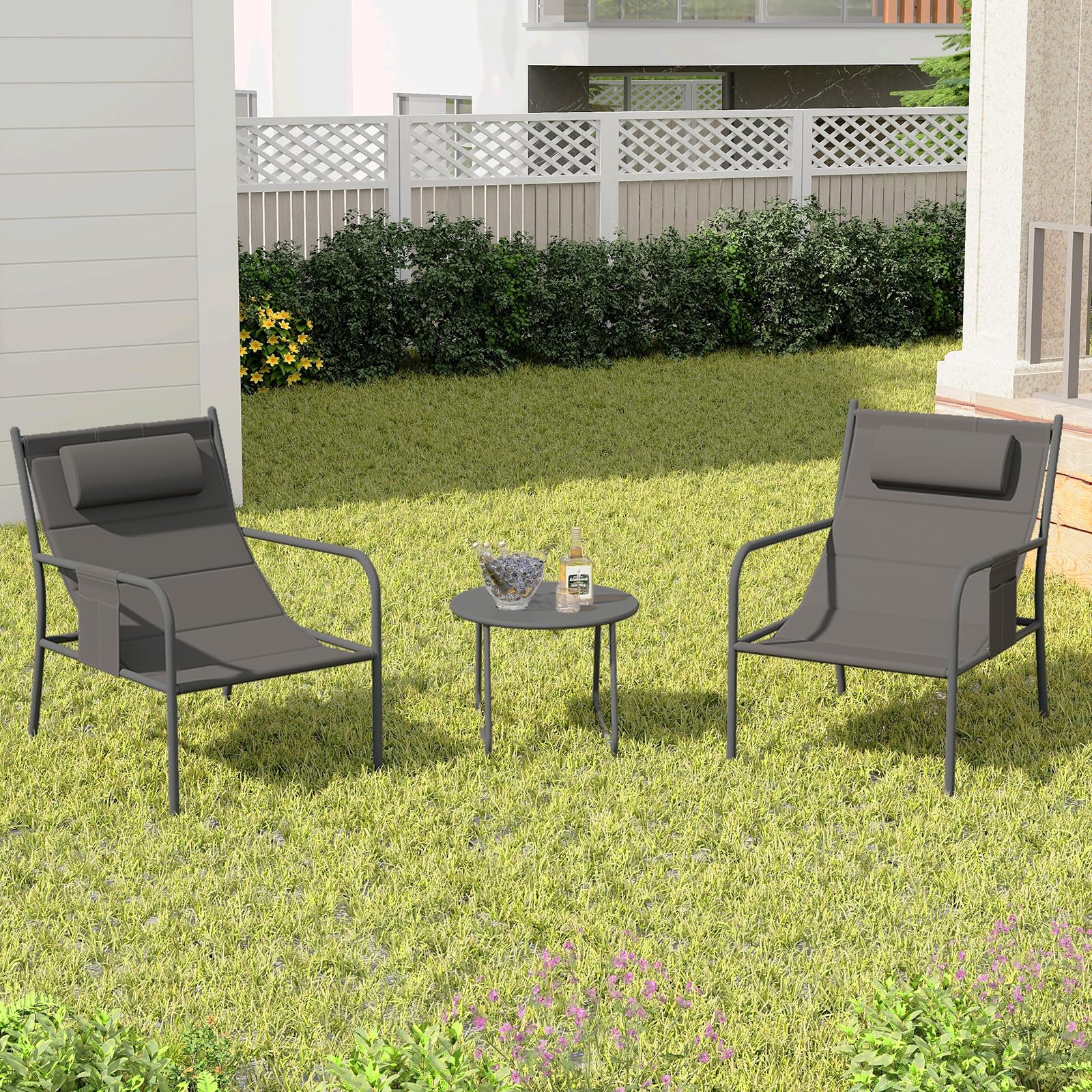 KOMFOTTEU Set di 3 mobili da balcone con 2 sedie da giardino e tavolino, set di mobili da giardino in ferro e tessuto, set da giardino per balcone e terrazza