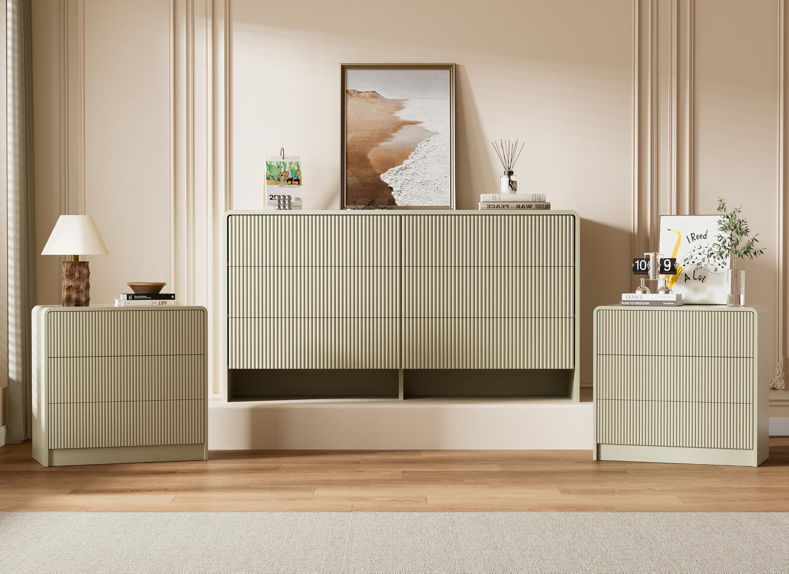Furniway Bedroom Dresser Set 3 Piece, 6 Drawer Curved Dresser with 2 Nightstands, Modern Fluted Wood Storage Cabinet, White Chest of Drawers with Pop-Up Design, Beige
