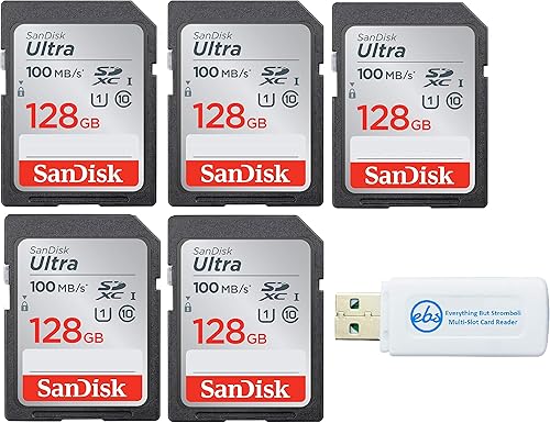 SanDisk 128GB Ultra - Paquete de 5 tarjetas de memoria flash UHS-I Clase 10 SD al por menor (SDSDUNR-128G-GN6IN) - Paquete con todo menos lector de