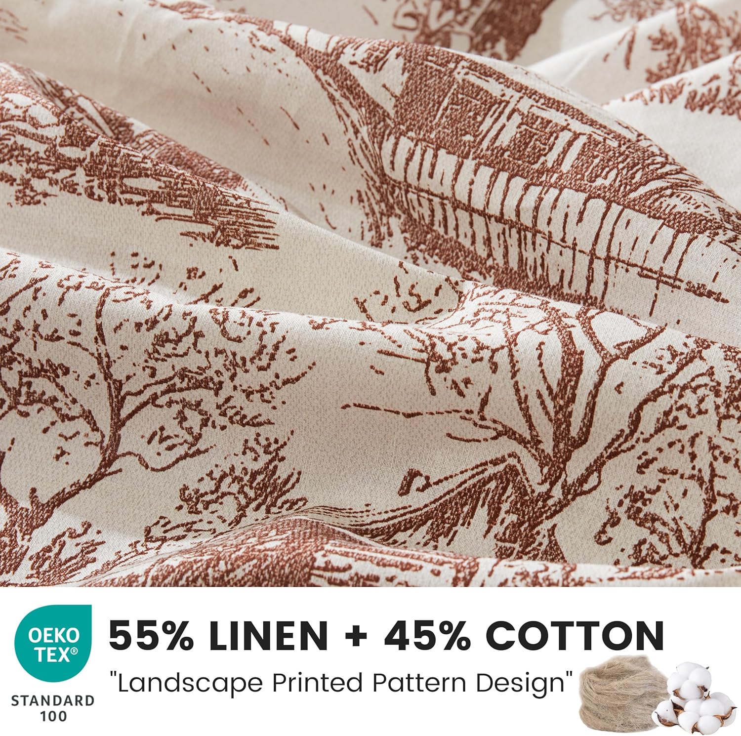 BISELINA Vintage Linen Duvet Cover Set Landscape Printed Pattern 3pcs (1 Comforter Cover, 2 Pillow Shams)- Natural Flax Cotton Blend Reversible Breathable Retro Country Bedding - Coffee, Queen