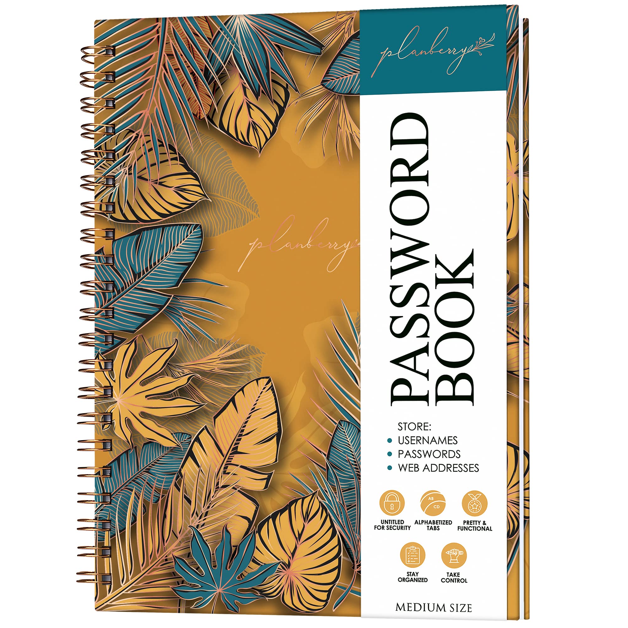 PLANBERRY Password Book – Internet Address Organizer with Alphabetical Tabs – Alphabetized Website & Computer Password Keeper – 5.7x7.5″, Softcover (Golden Jungle)