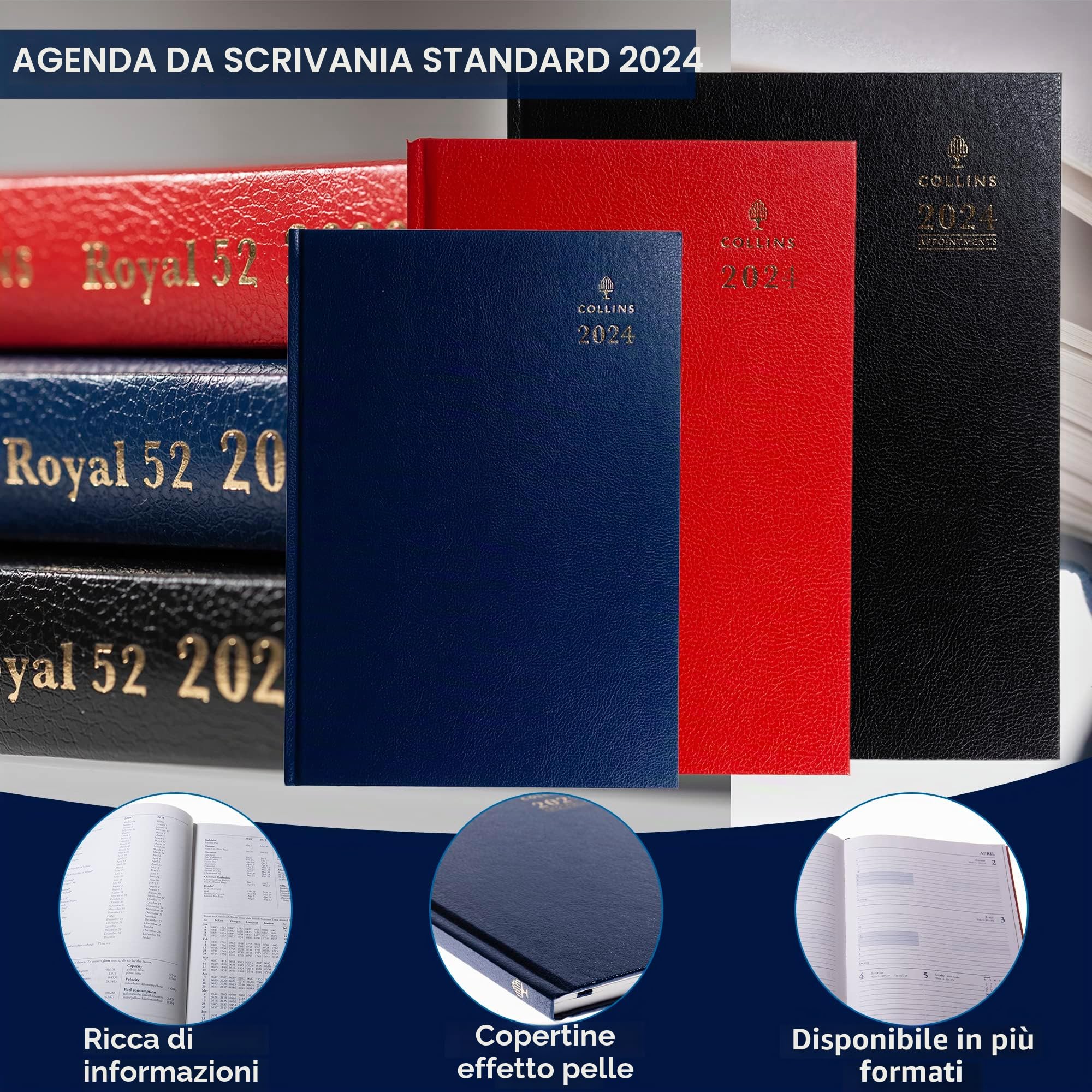 Collins Agenda da scrivania standard 2024, formato A4, due pagine per giorno, agenda aziendale e organizer, da gennaio a dicembre 2024, giornaliera, rossa, 42,15-24