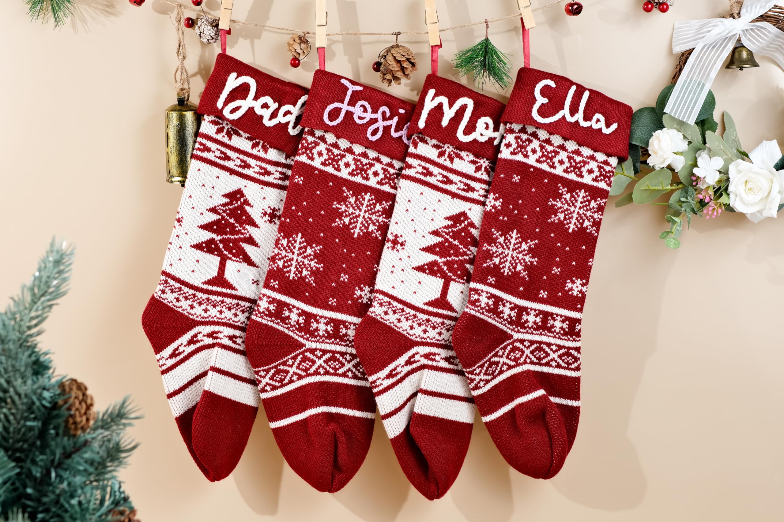 Weihnachtsstrumpf, personalisierbar, 45,7 cm, großer Zopfstrick, bestickt, als Weihnachtsstrumpf, Dekorationen für Mily, Urlaub, Party, Strumpf, Geschenke (5, gemischtes Rot)