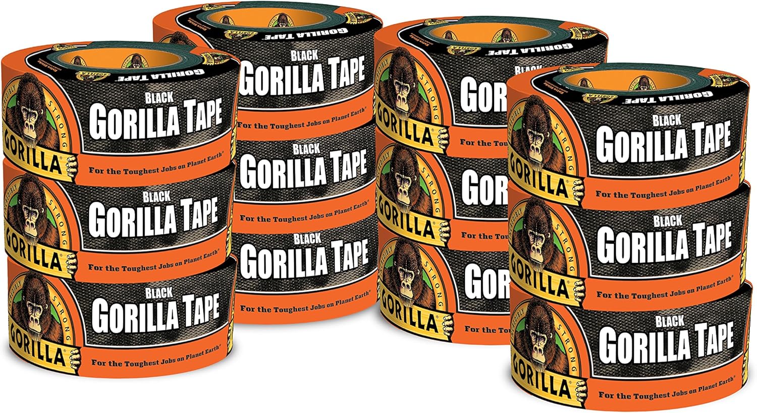 Gorilla Black Duct Tape, 1.88" x 12 yd, Black, (Pack of 12)