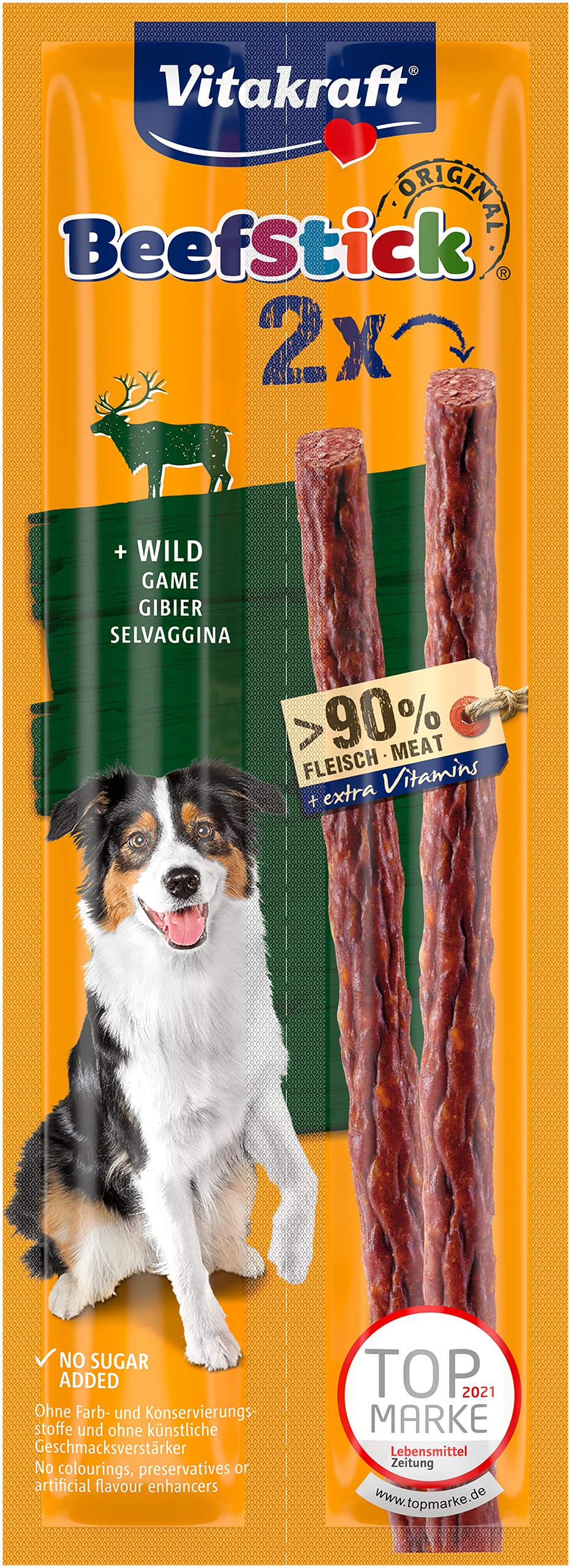 Vitakraft Beef Stick Wild - Bastoncini di carne con selvaggina, alta percentuale di carne, per coccolare e ricompensare, senza zuccheri aggiunti, in confezione da 25 x 2 pezzi