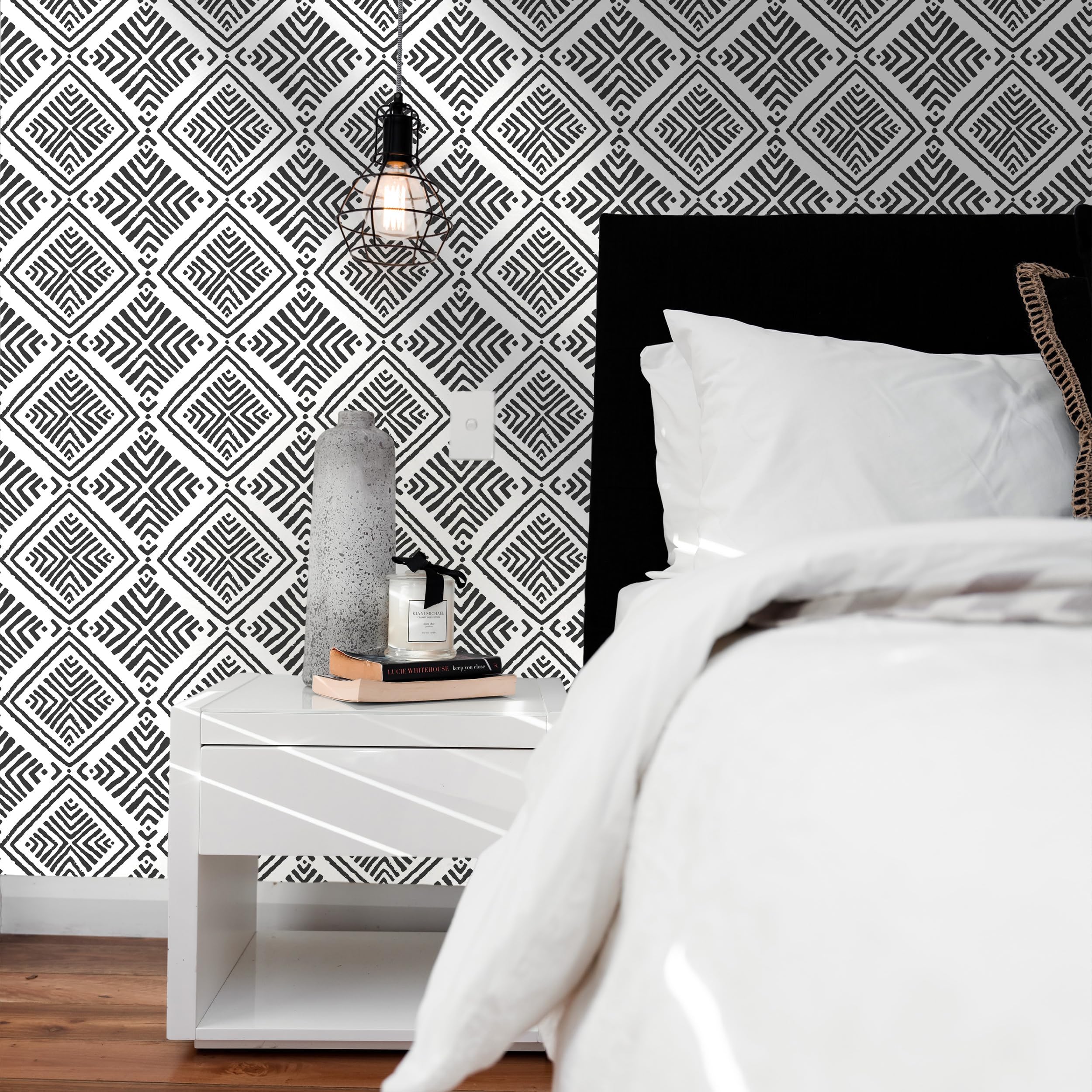 Papel tapiz blanco y negro para despegar y pegar, papel de contacto geométrico bohemio para armarios, moderno, autoadhesivo, extraíble, cocina, baño, impermeable, papel de contacto blanco y