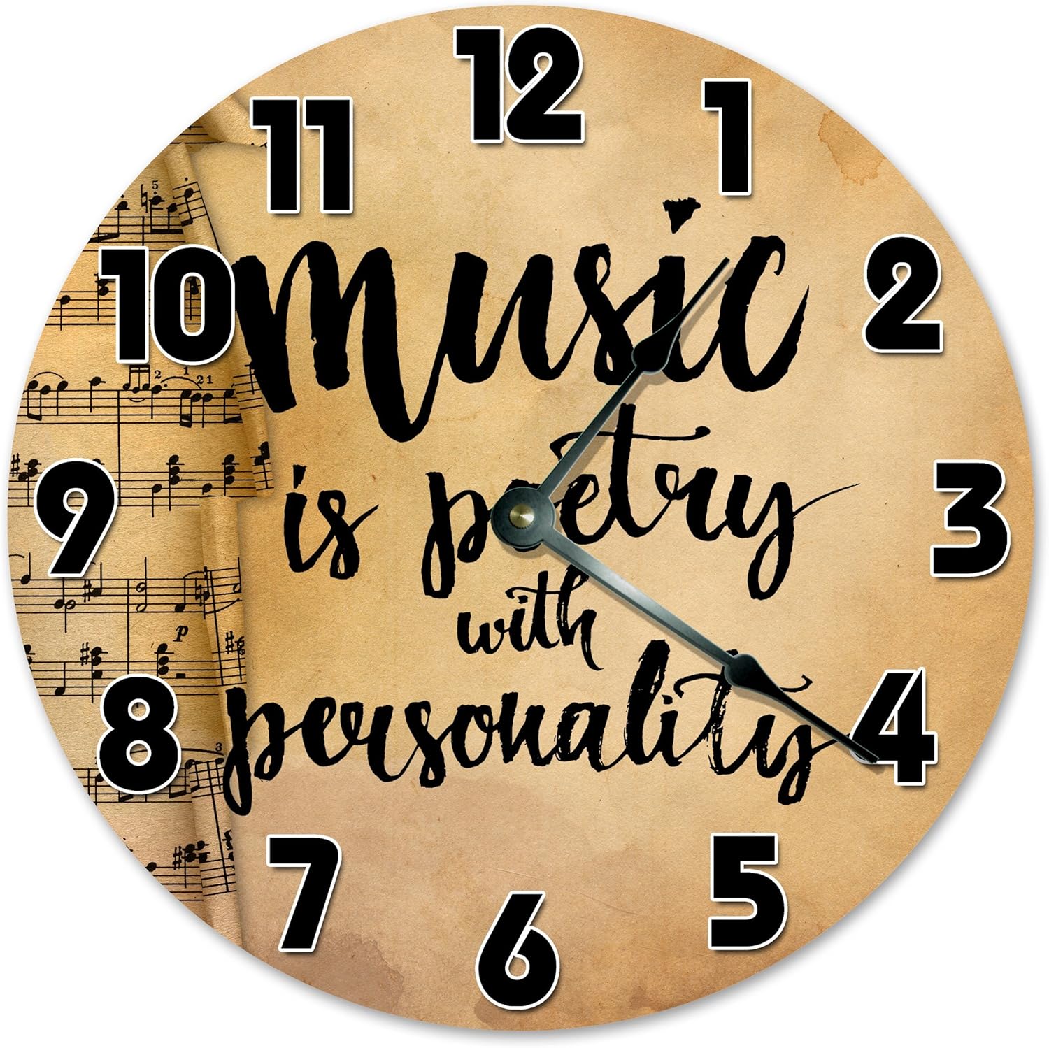 Music Is poetry Silent Non Ticking Round Battery Operated Handmade Hanging Large 10 Inch Wall Clock for Bedroom Office Cottage Decoration