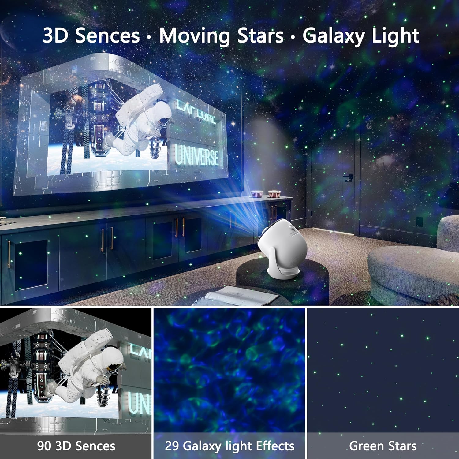 AIRIVO 3D Galaxy Projector, 3D Visual Star Projector with 90 3D Scenes, Planetarium Projector with Bluetooth Speaker, Moving Stars, Night Light Projector for Room Decor, Kids Adults, Christmas, White