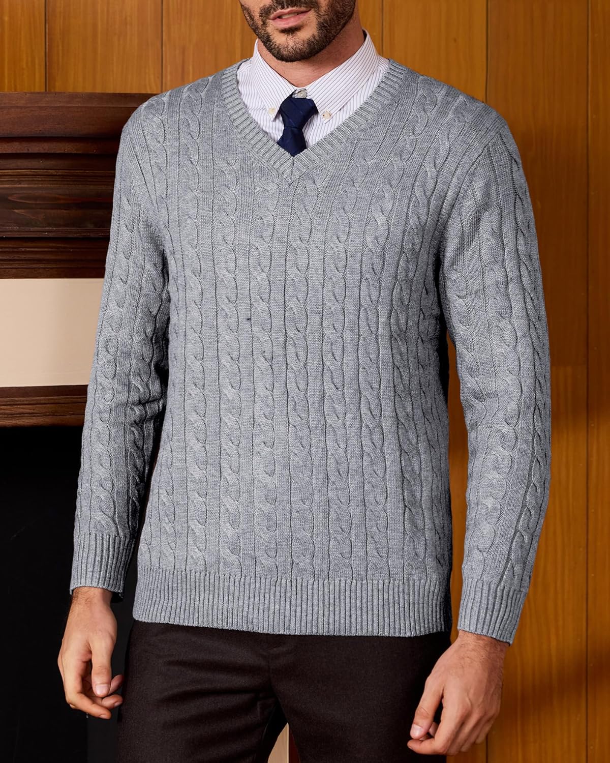 Kallspin Mens V Neck Sweater Wool Blend Cable Knit Pullover Long Sleeve Casual Business Winter Fall Knitwear - Image 2