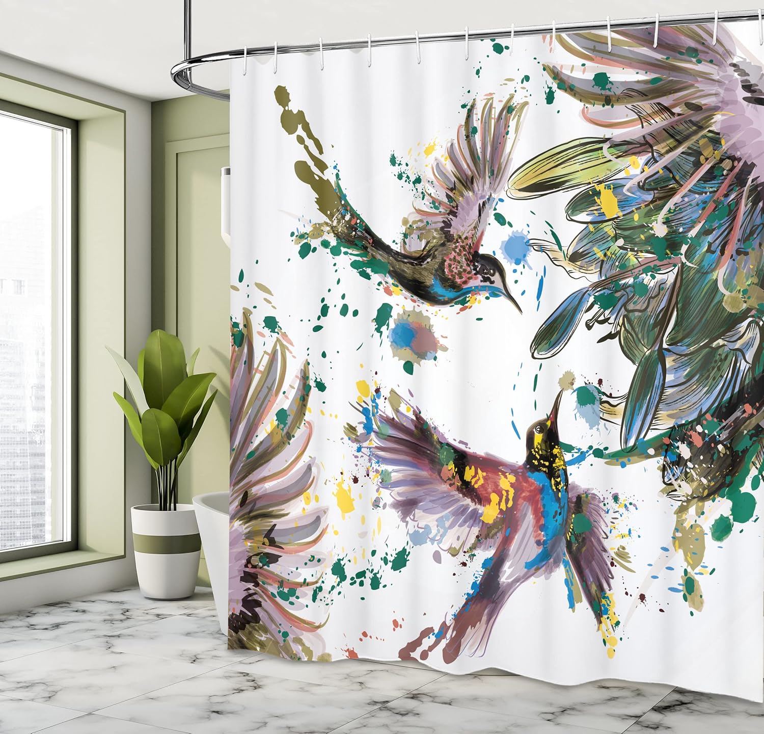 Ambesonne Hummingbird Shower Curtain, Art Lily Flowers Birds and Color Splashes in Watercolor Painting Style, Cloth Fabric Bathroom Decor Set with Hooks, 69" W x 70" L, Purple Grey