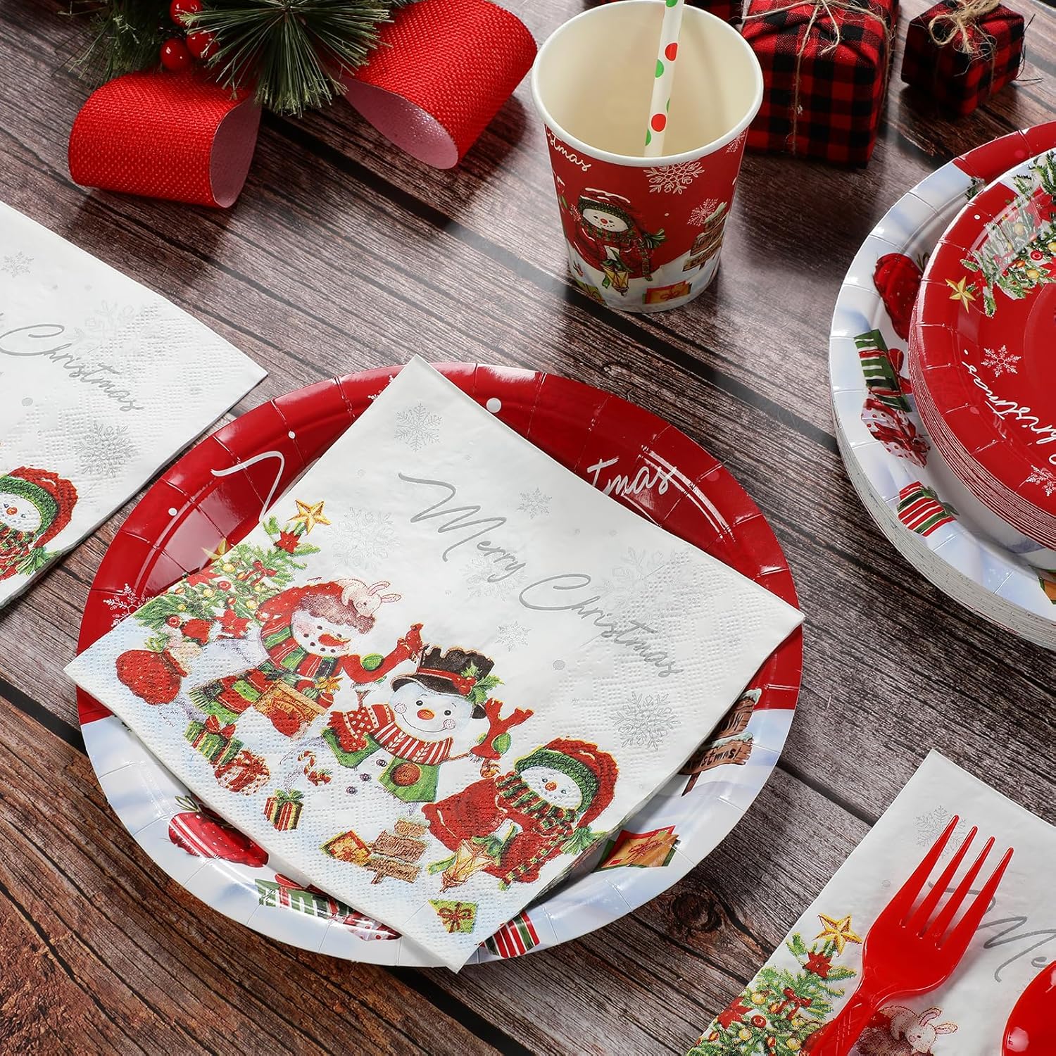 Christmas Snowman Party Supplies Serve 50, Xmas Snowman Plates and Napkins Set, Disposable Paper Plates Napkins Cups Knives Spoons Forks for Merry Christmas Winter Holiday Party Decorations