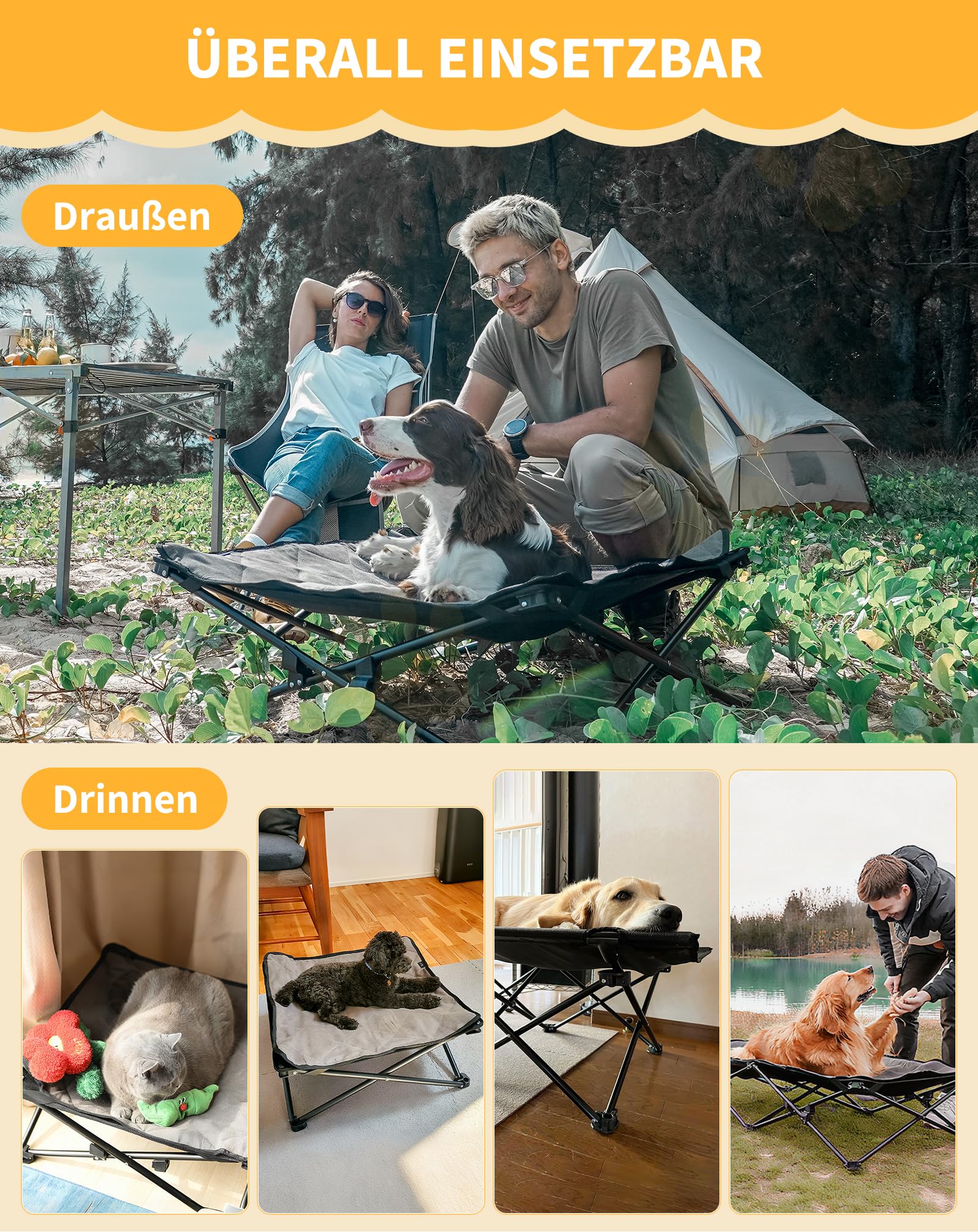 KingCamp Erhöhtes Hundebett Hundeliege Outdoor Haustierbett Haustierliege Atmungsaktivem Mesh & Wildledermatte & Rutschfesten Füßen für Reisen Garten Outdoor Indoor, Schwarz 121 × 68 × 30 cm