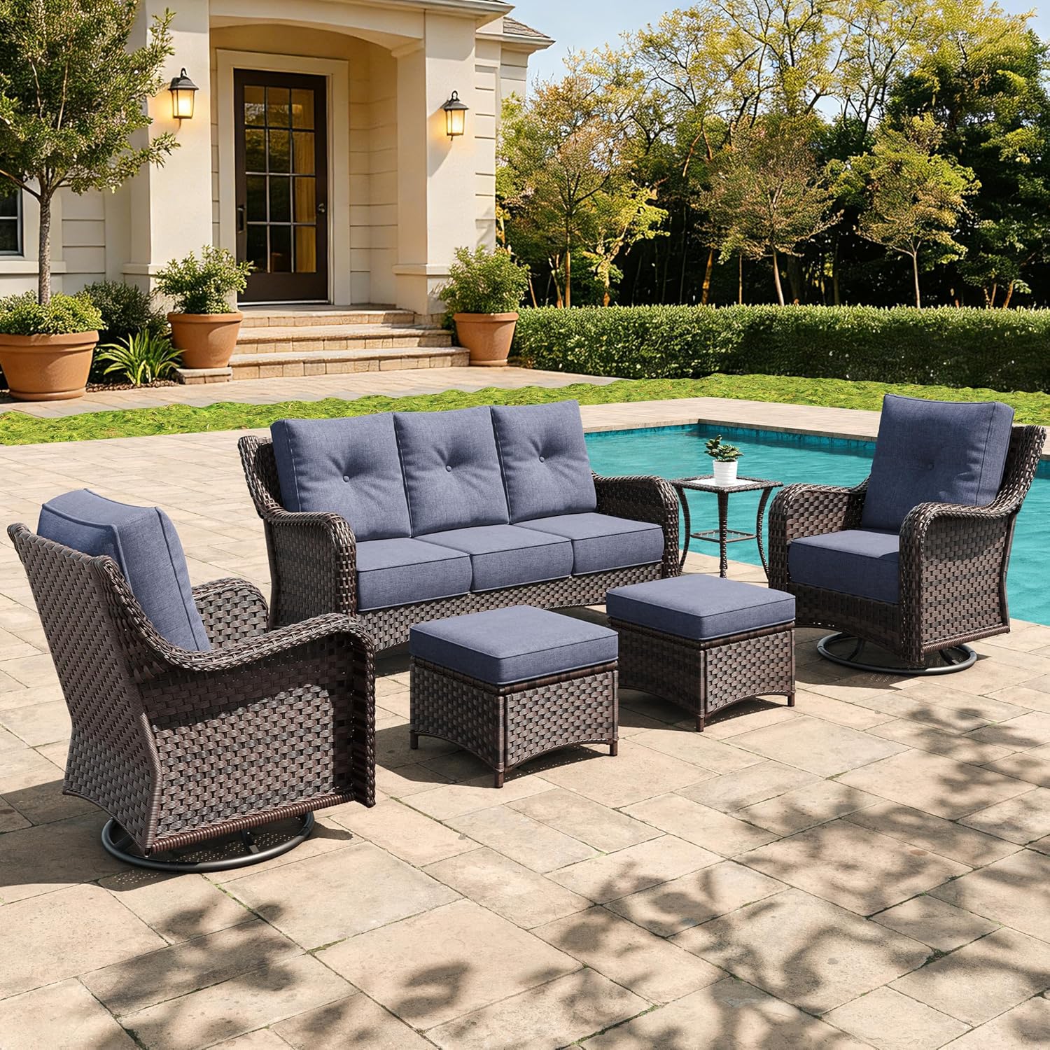 6 Pieces Outdoor Furniture Set with 6-inch Cushions, High Back Wicker Swivel Rocker Chairs with Coffee Table, Luxury Conversation Set for Deck Patio and Poolside