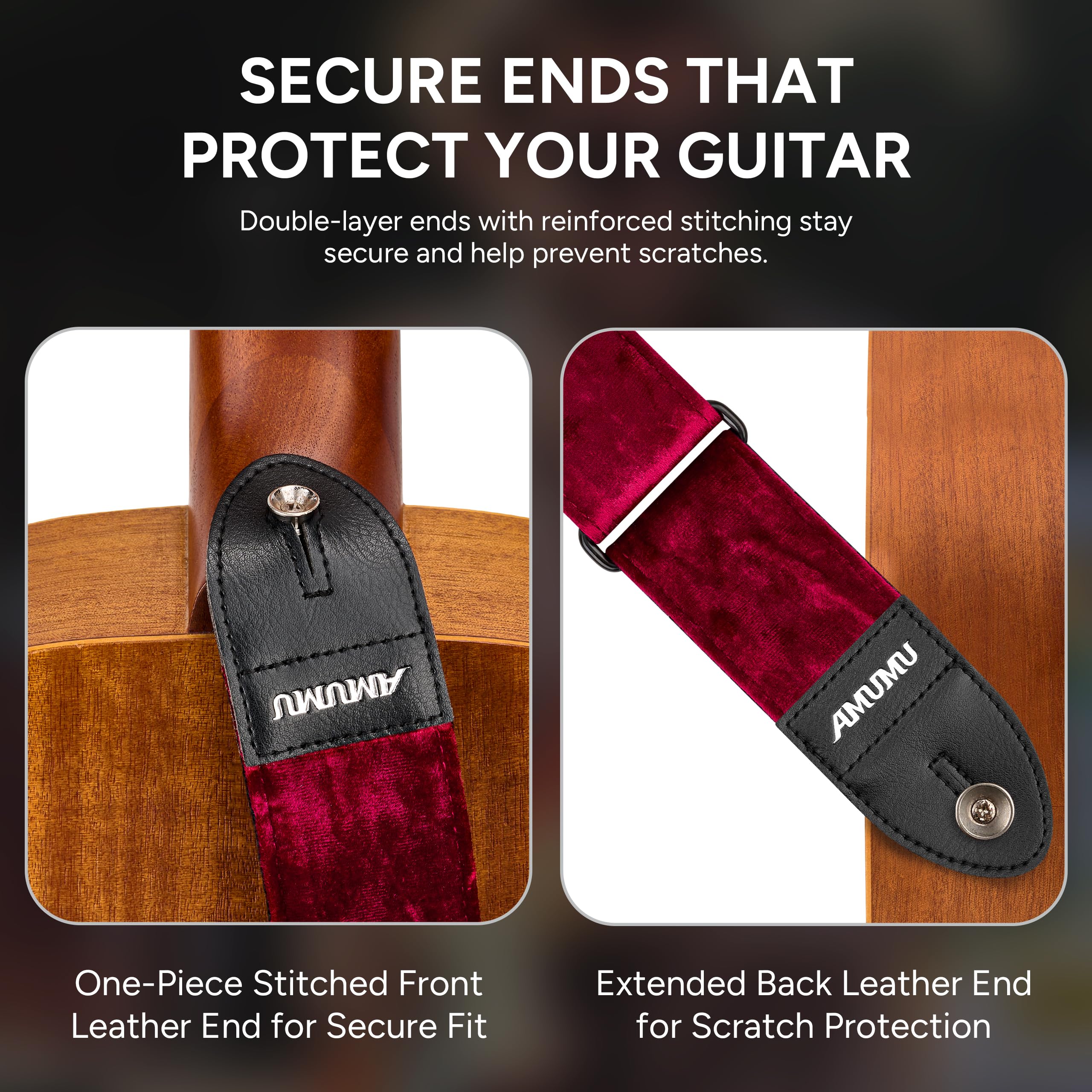 Amumu Sangle de guitare en velours floqué avec extrémités en cuir microfibre – Accessoires de guitare – Convient aux guitares acoustiques, basses, électriques