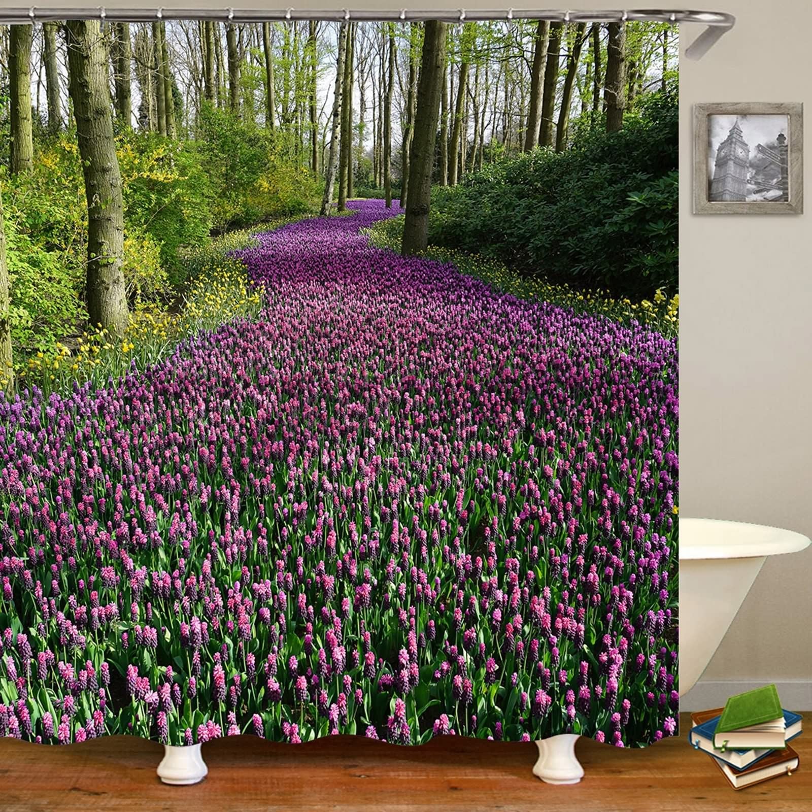 Gualiy Cortina de ducha de tela impermeable, diseño de árboles y flores, multicolor, 180 x 180 cm