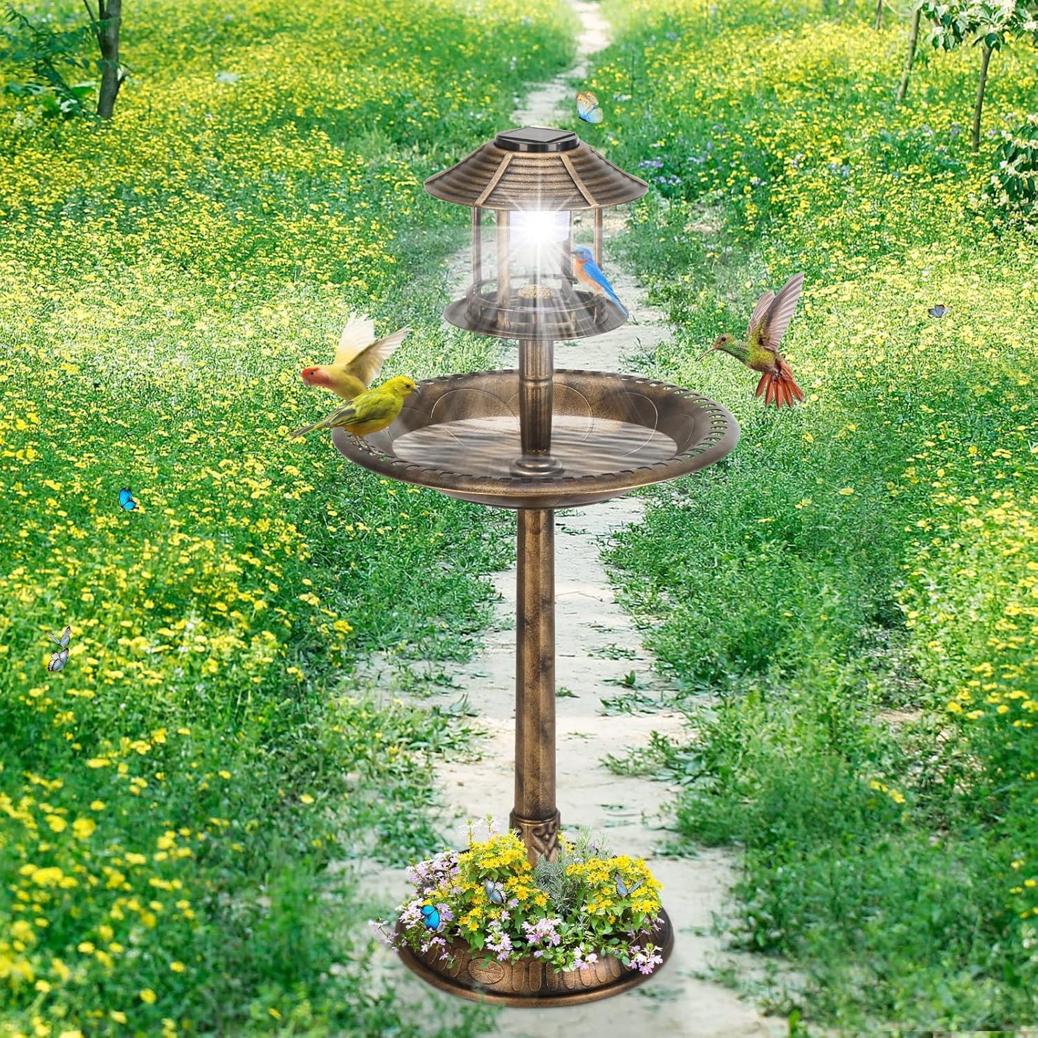 Vogeltränke Stehend, vogeltränke mit Solarleuchte, Vogelbad aus Kunststoff mit Blumenkübel & befüllbarem Ständer, Wildvogeltränke für Garten, Balkon, Bronze