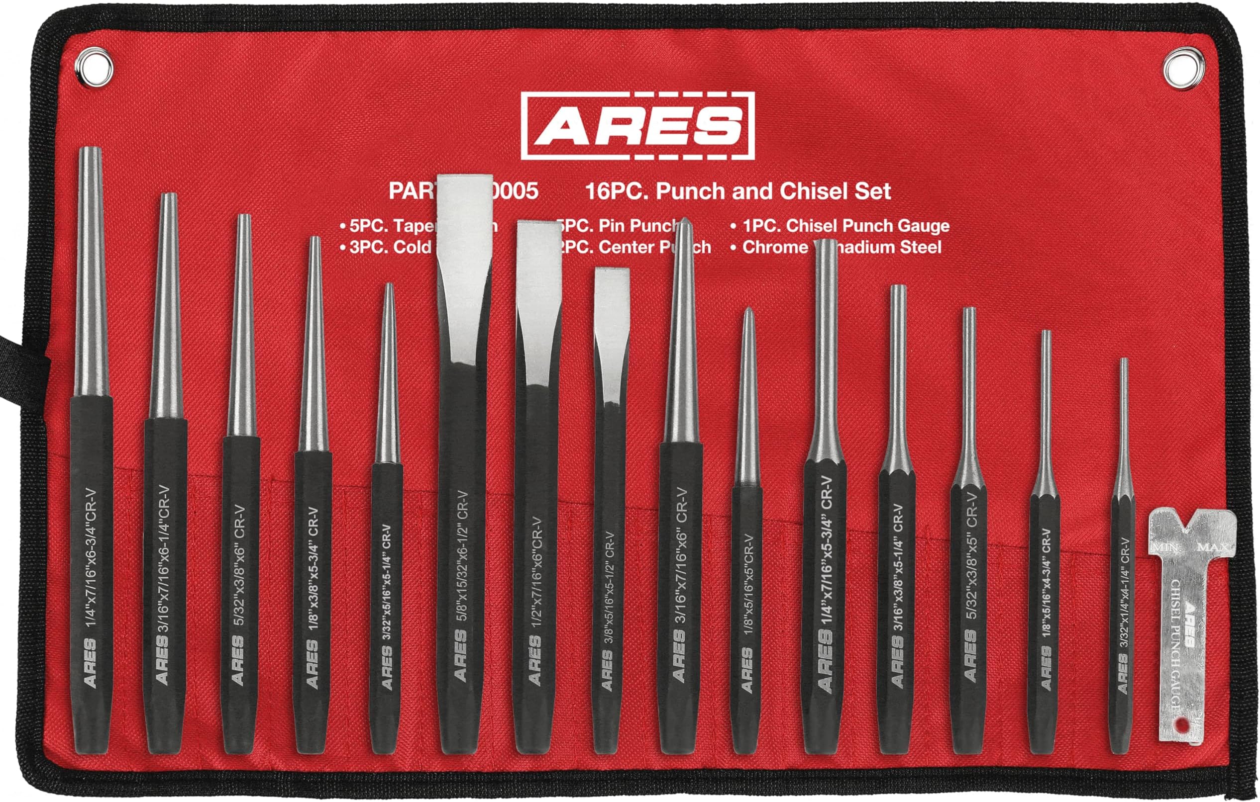 50005-16-Piece Punch and Chisel Set – Tapered Punches, Pin Punches, Center Punches, and Cold Chisels for Various Applications