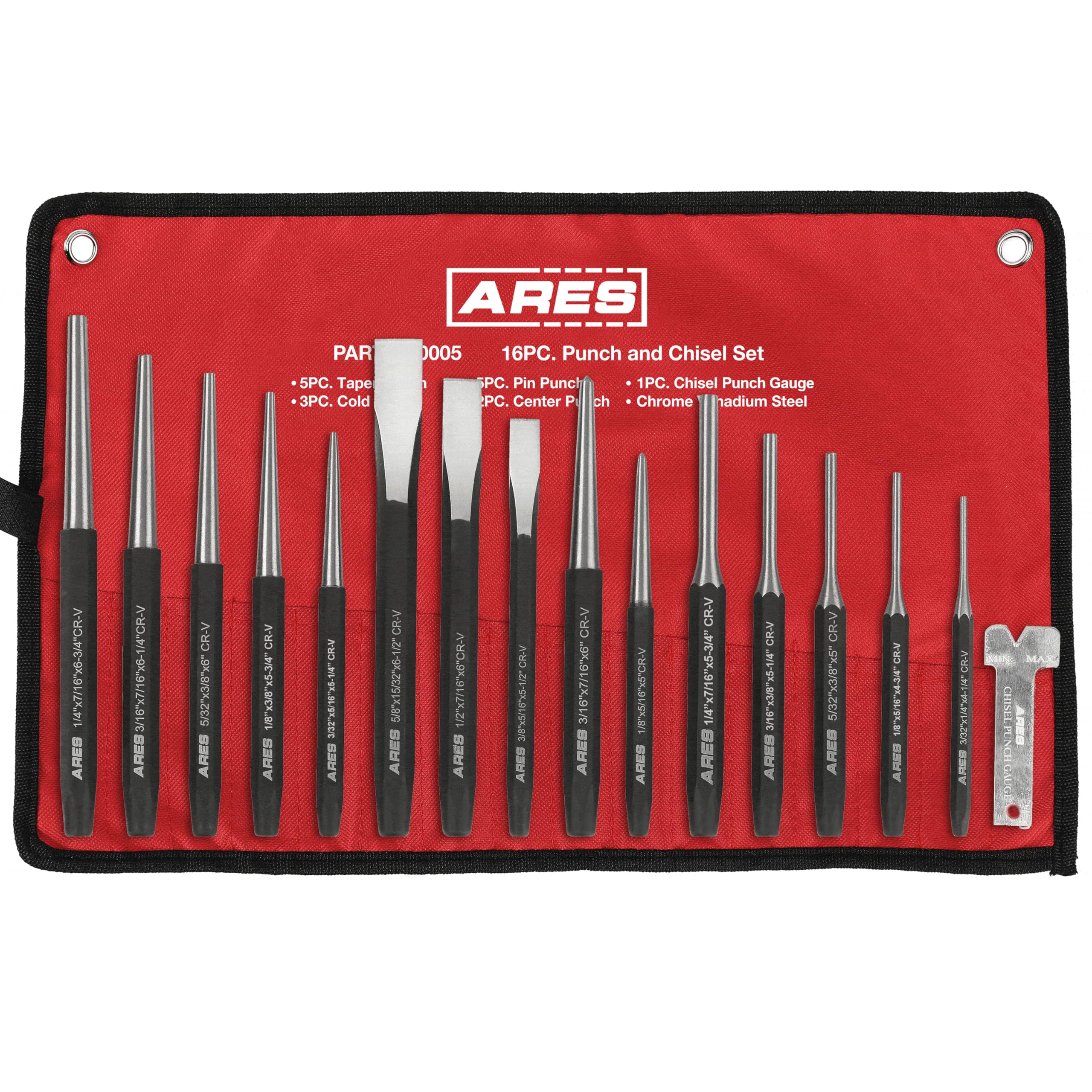 ARES 50005-16-Piece Punch and Chisel Set – Tapered Punches, Pin Punches, Center Punches, and Cold Chisels for Various Applications