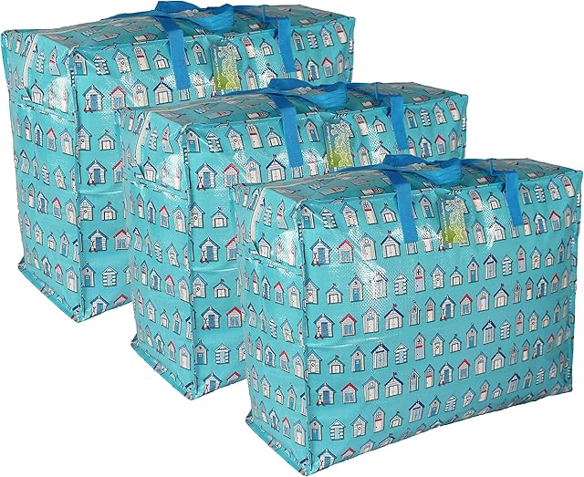 Extra Large Storage Bags Water & Dust Resistant. Double zipped storage bags for toys, laundry, bedding. Underbed Wardrobe Space Saver Blue Beach huts (65 ltr 3x Pack)