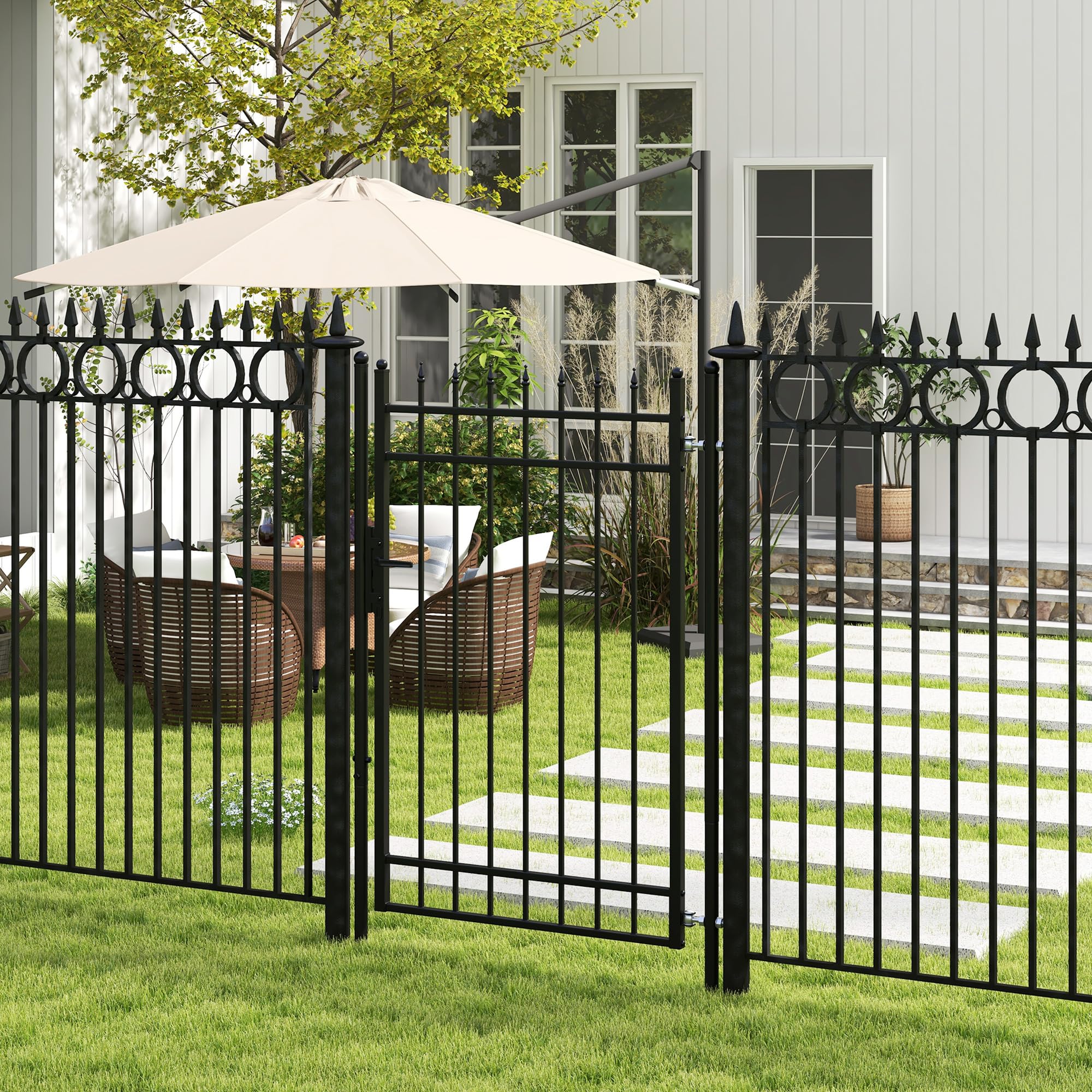 Outsunny Cancelletto da Giardino con Serratura, 3 Chiavi e 2 Paletti da Interrare, Cancello da Esterno in Acciaio Zincato, 107x204 cm, Nero