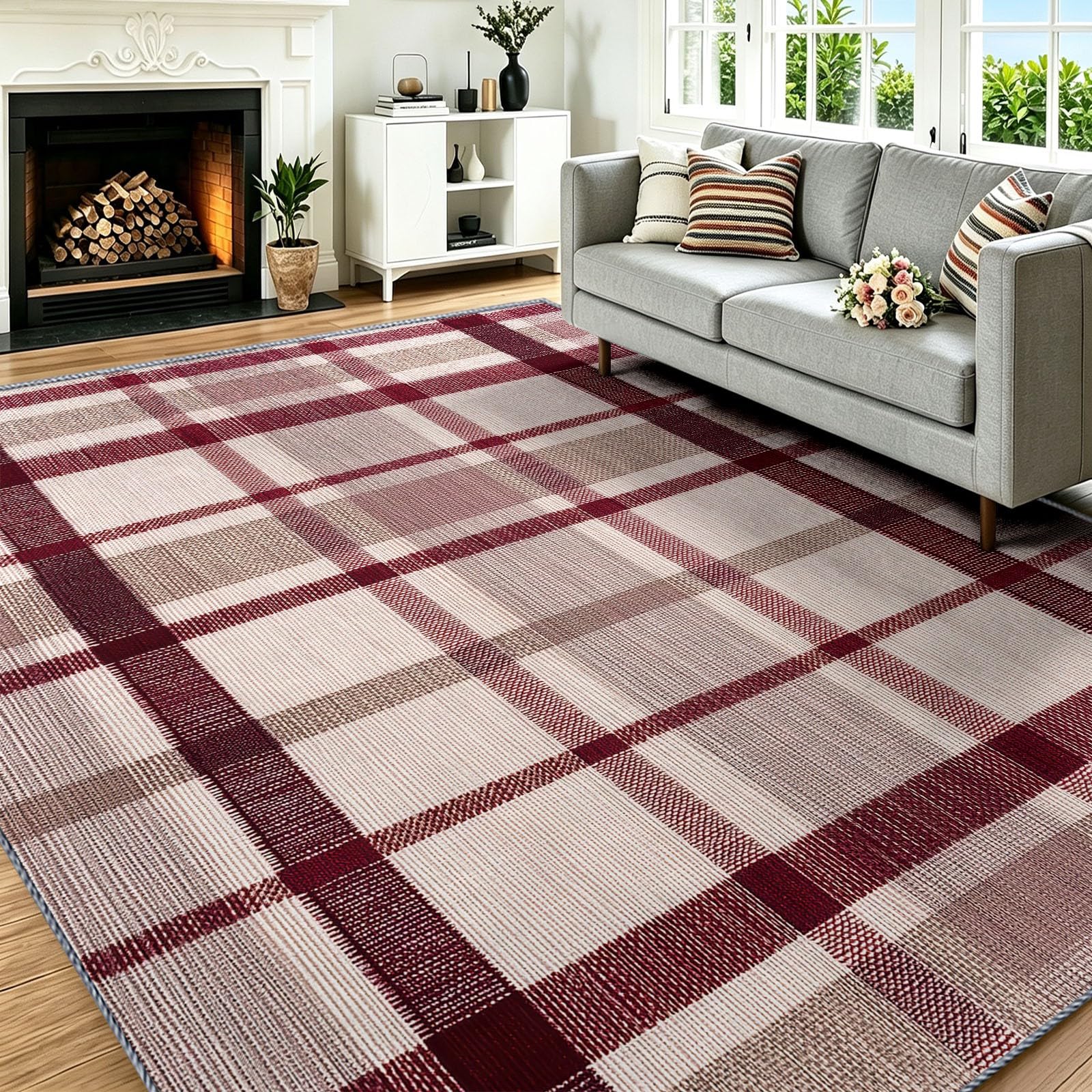 Tapis de salon doux bordeaux à poil ras et carreaux Vichy rustique 120 x 170 cm