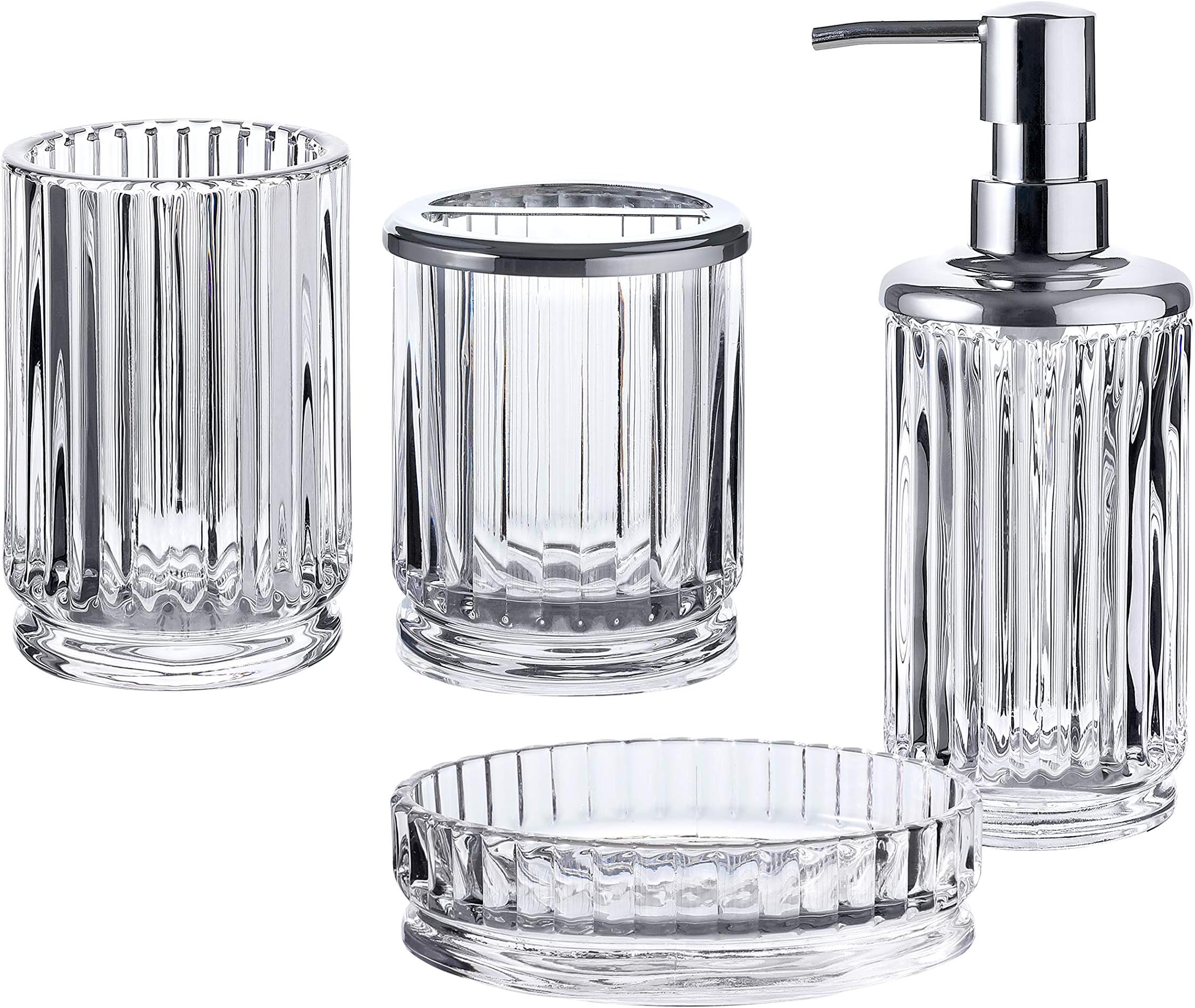 WHOLE HOUSEWARES | Premium Bathroom Accessory Set | 4-Piece Decorative Clear Glass Bathroom Decor Accessories Set | Soap Dispenser, Tray, Jar, Toothbrush Holder | Elegant Mosaic Glass (Clear)