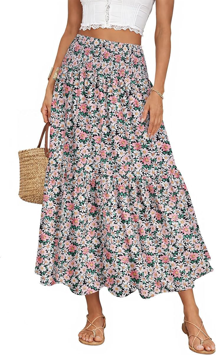 IWD Faldas largas de verano para mujer, estilo casual, con cintura elástica y floral, falda maxi con vuelo, falda bohemia