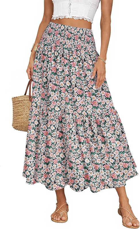 IWD Faldas largas de verano para mujer, estilo casual, con cintura elástica y floral, pollera maxi con vuelo, pollera bohemia