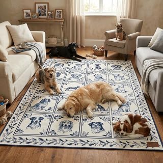 5x7 Washable Area Rug, 20 Distinct Dog Breeds Etching Style Carpet | Blue and White Non-Slip Rug for Dog Lovers, Soft Faux Cashmere Rugs for Playroom Bedroom, Pet Friendly Home Decor Indoors