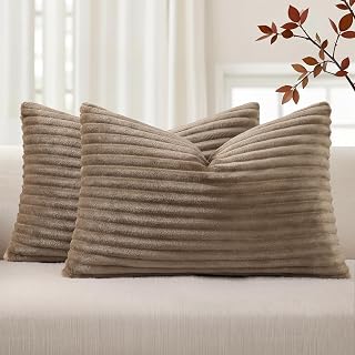 Simmore Fall Soft Camel Flannel Throw Pillow Covers 12X20 Set of 2 | Decorative Plush Fluffy Modern Farmhouse Double-Sided Fluffy Striped Pillow Covers for Sofa bed Living Room Home Decor
