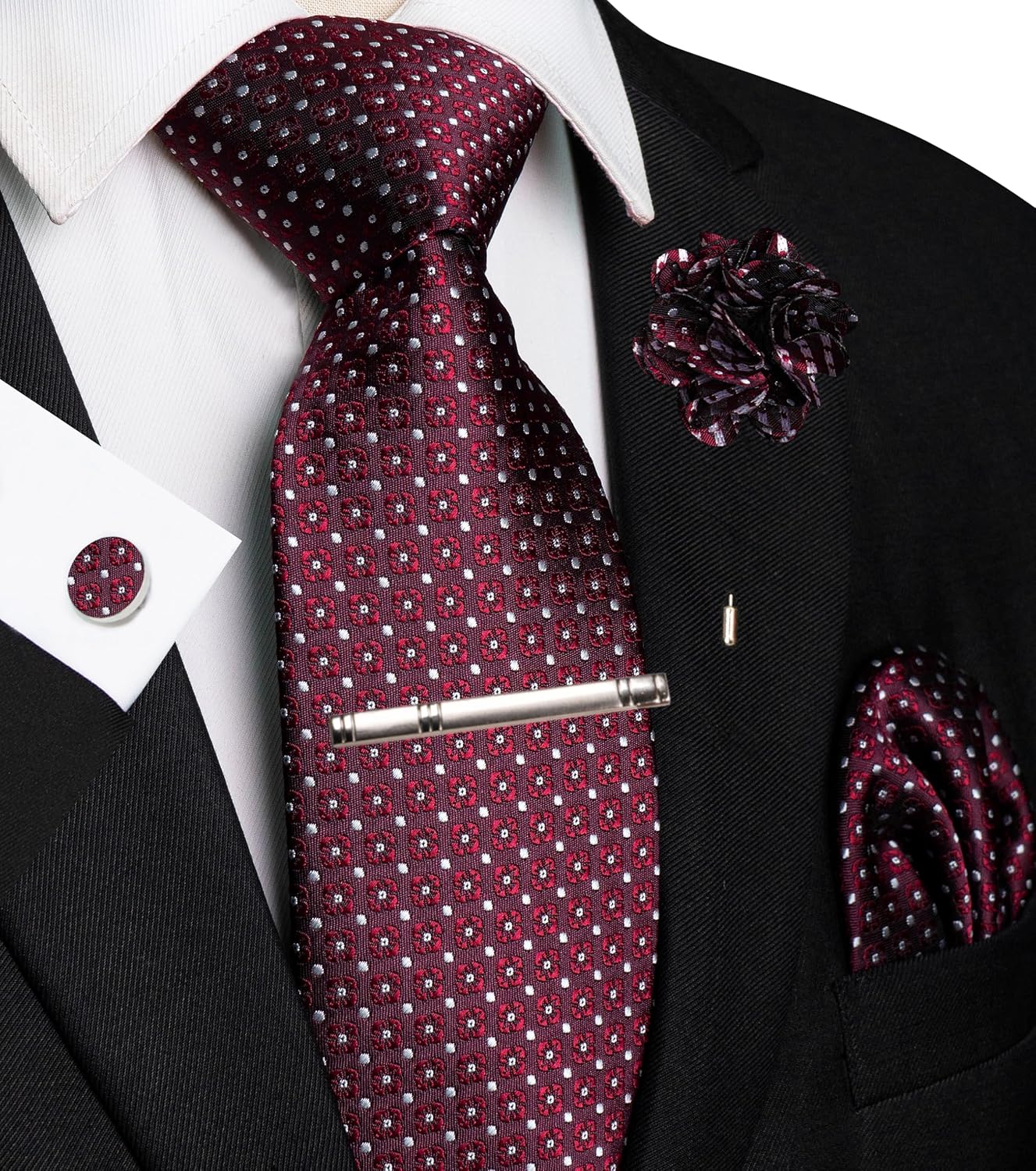 JEMYGINS Mens Tie and Lapel Pin Necktie Pocket Square Cufflinks and Tie Clip Sets for Business Casual 5PCS - Image 2