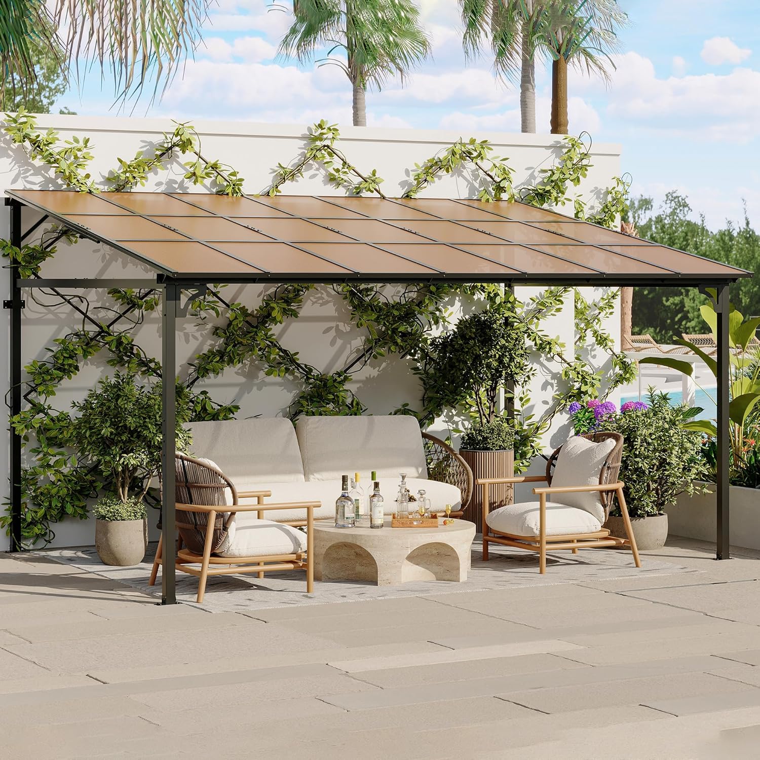 12' x 14' Gazebo, Large Wall Mounted Gazebos Pergola with Metal Frame, Hard Top Lean to Pergola, Outdoor Patio Lean to Metal Awnings Gazebos for Deck, Porch, Backyard