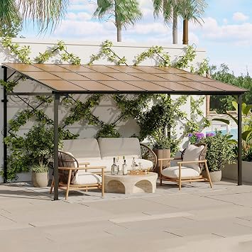 12 x 14 Gazebo, Large Wall Mounted Gazebos Pergola with Metal Frame, Hard Top Lean to Pergola, Outdoor Patio Lean to Metal Awnings Gazebos for Deck, Porch, Backyard