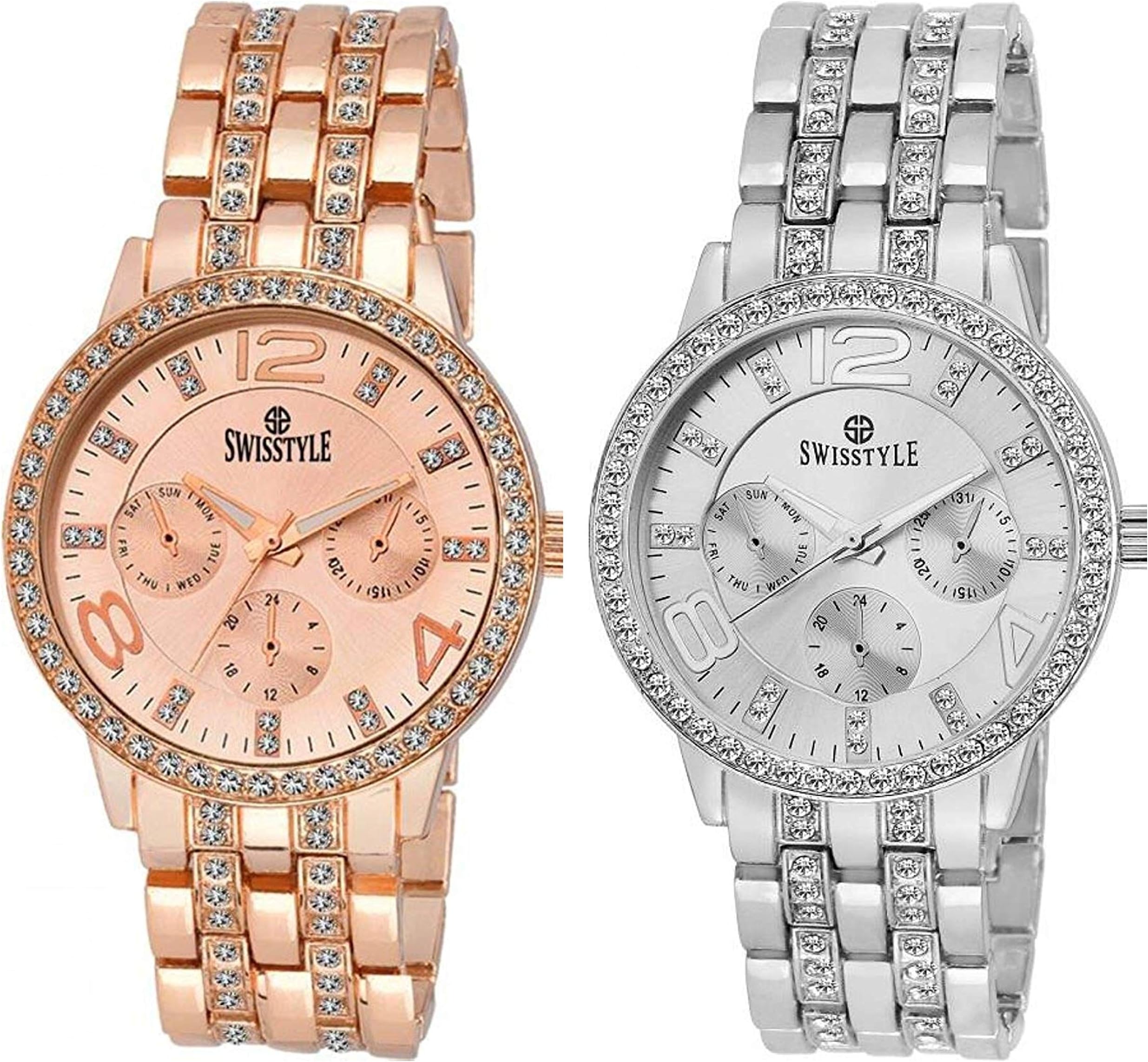 SWISSTYLE Analog Men's Watch (Silver & Gold Dial, Silver & Rose Gold Colored Strap) (Pack of 2)