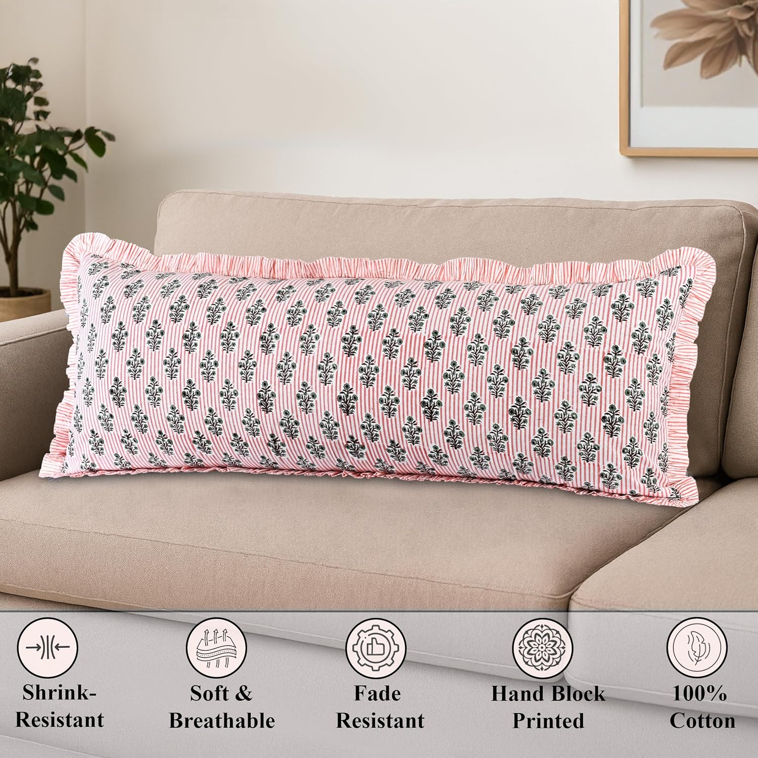 Ridhi Salmon Blossom Stripe 100% Cotton Block Print Ruffle Sham Cover 20x54 Set of 1 Floral Pillowcase, Farmhouse Cottagecore Bedding, Decorative Cushion Cover for Bedroom Spring, Easter, Valentine