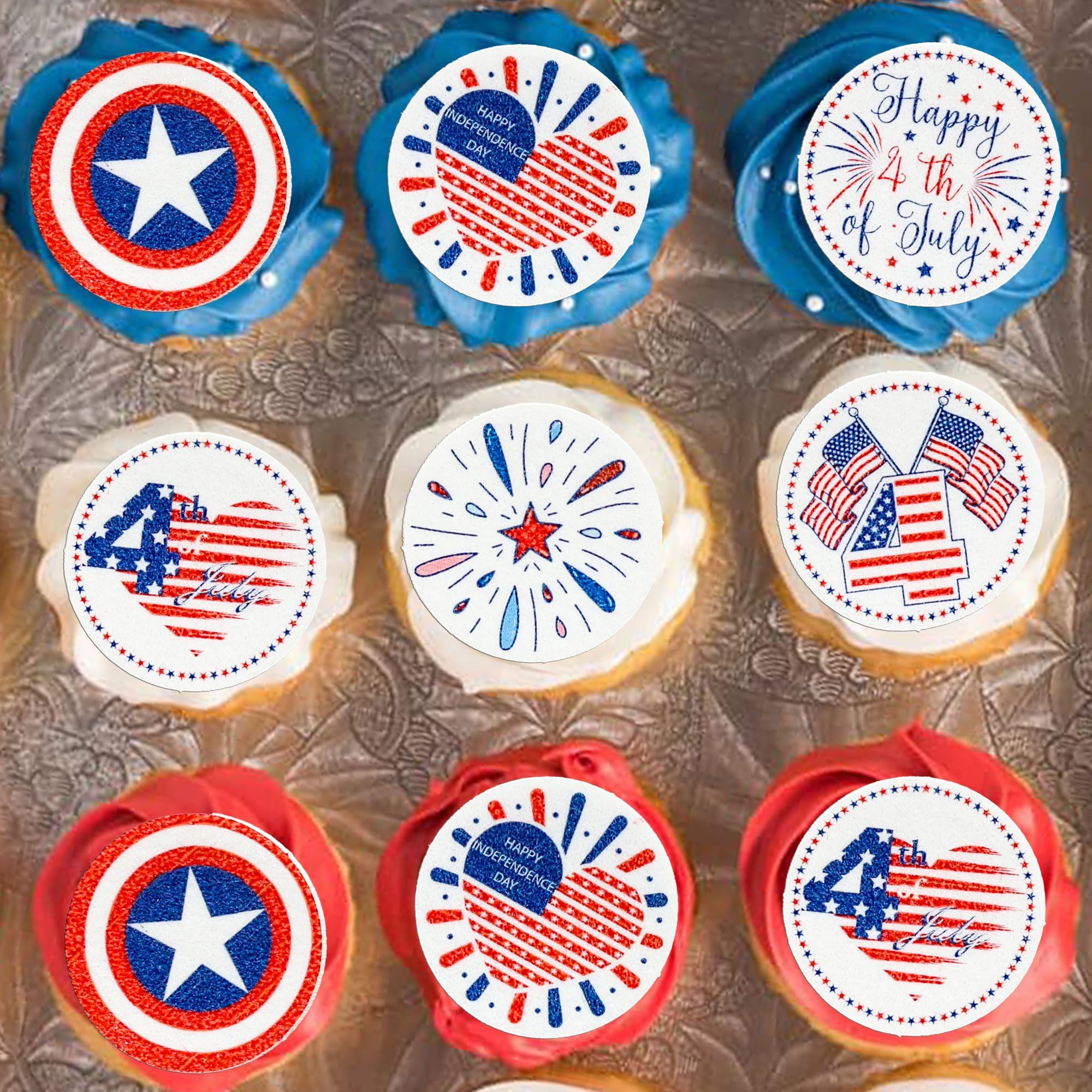Ephlyn 54Pcs 4th of July Edible Cupcake Toppers American Flag Patriotic Cake Decorations Wafer Paper USA Independence Day for July 4th Party Supplies Red