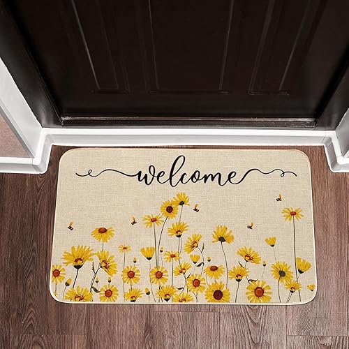 Miniatura 7 de AnyDesign - Tapete decorativo de bienvenida con diseño floral de primavera, diseño de margaritas amarillas, flores, abeja, tapete decorativo de