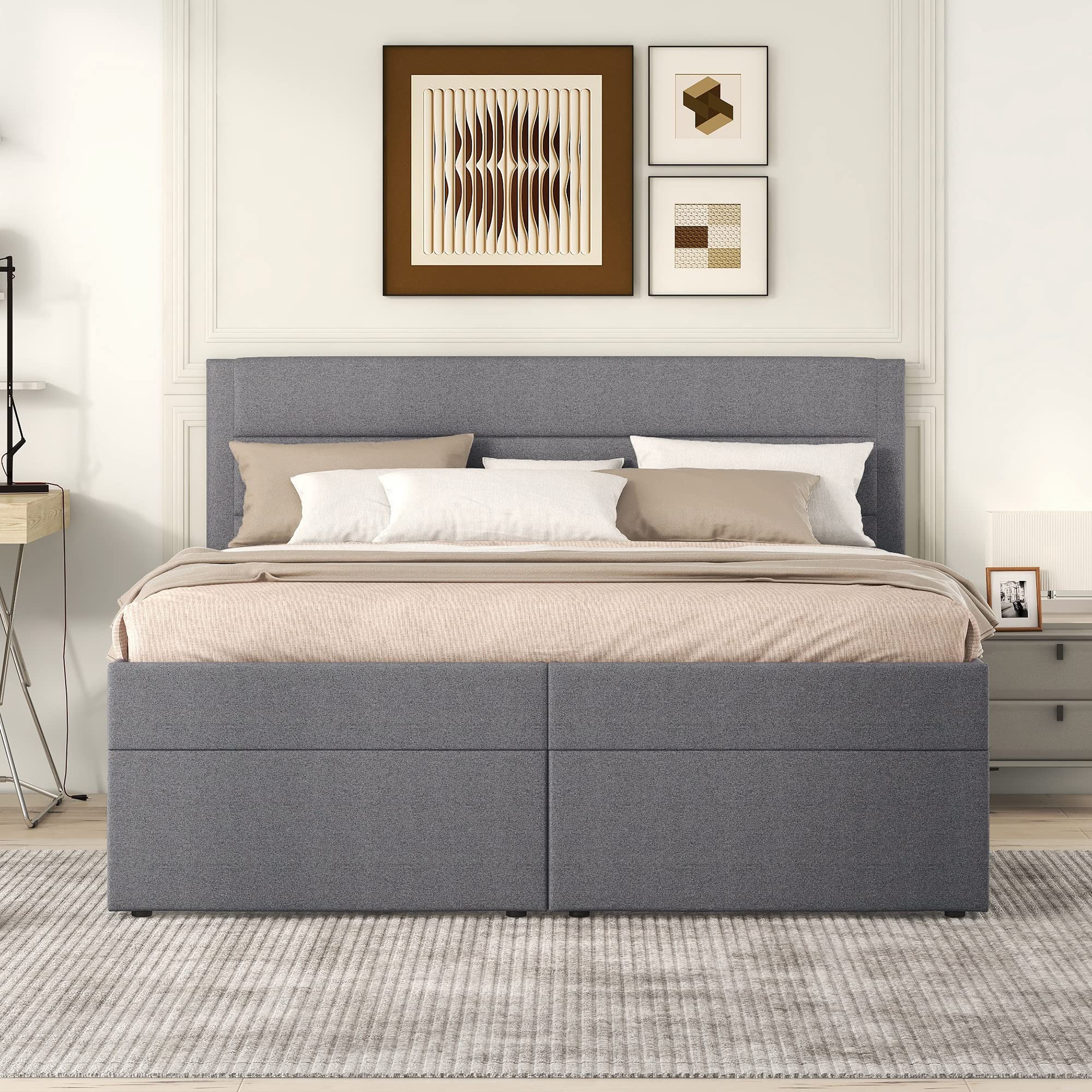 Boxspringbett 140x200 mit Bettkasten, Doppelbett Polsterbett mit Lattenrost, Bett, Betten, Bettgestell mit Stauraum, Schlafzimmer Komplett, Stauraumbett (Grau, Doppelbett 140x200), TkopyBed0615