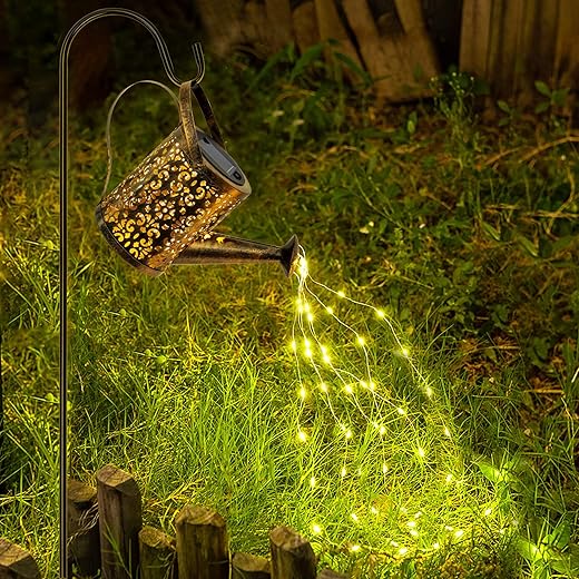 Dynaming Art Light LED Solar Waterfall Watering Can, Outdoor Decorative Garden Light, Retro Waterproof Copper Garden Yard Party Decoration Stake Light for Pathway Lawn Patio Deck Walkway Courtyard