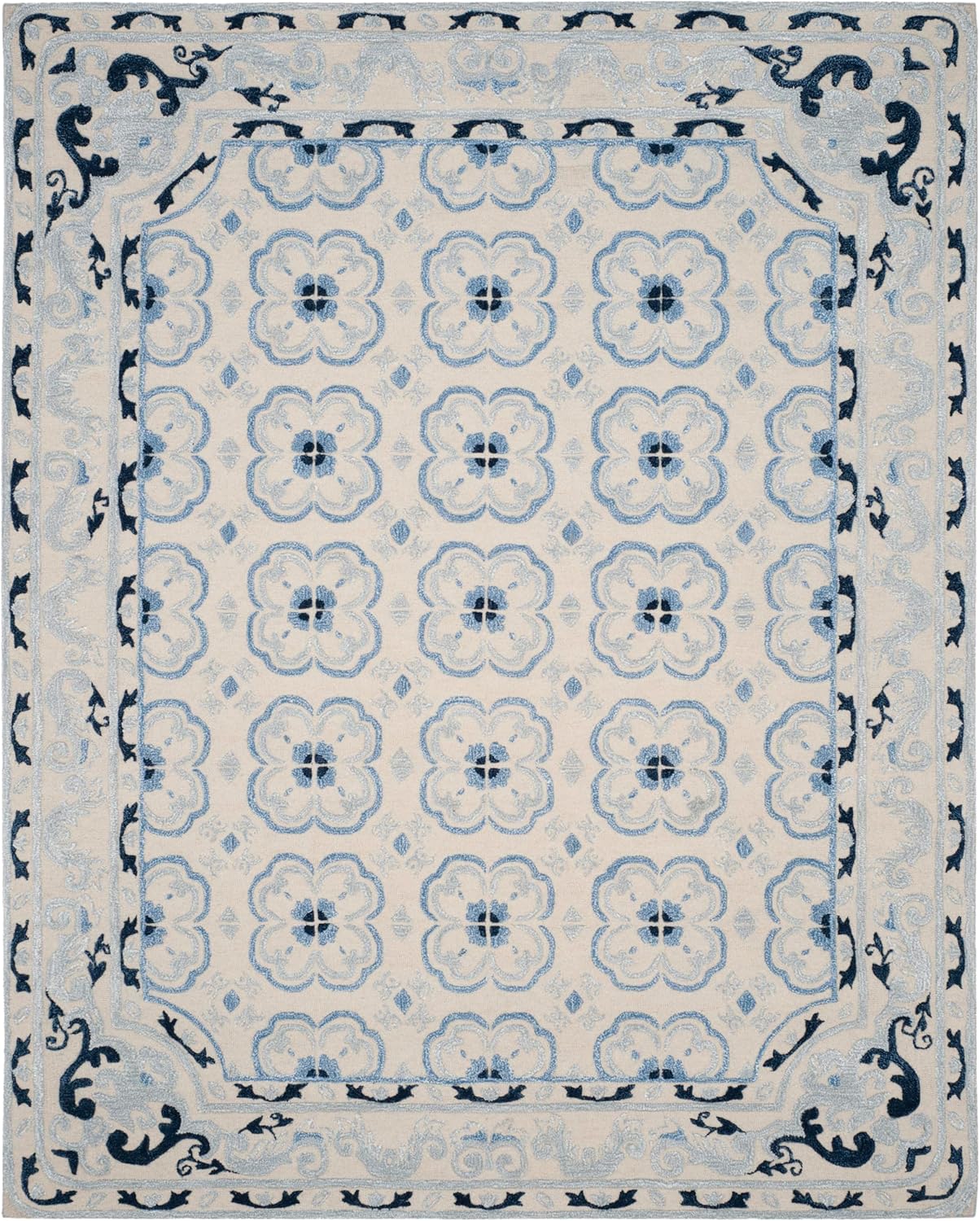 SAFAVIEH Area Rug 8x10 - Bella Collection - Large - Ivory & Blue, Handmade Wool & Viscose, Ideal for Living Room, Bedroom, Office, Dining Space (BEL154A)