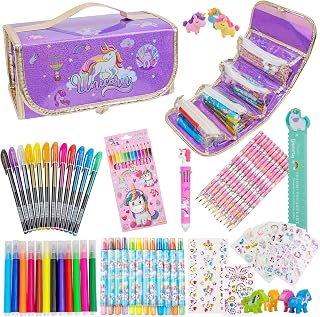 Fruit Scented Markers Set with Unicorn Pencil Case, Color Pencils, Twistable Crayons, Perfect Unicorn Art Supplies for Girls Ages 4-6-8-12, Christmas Gift (Purple Case)