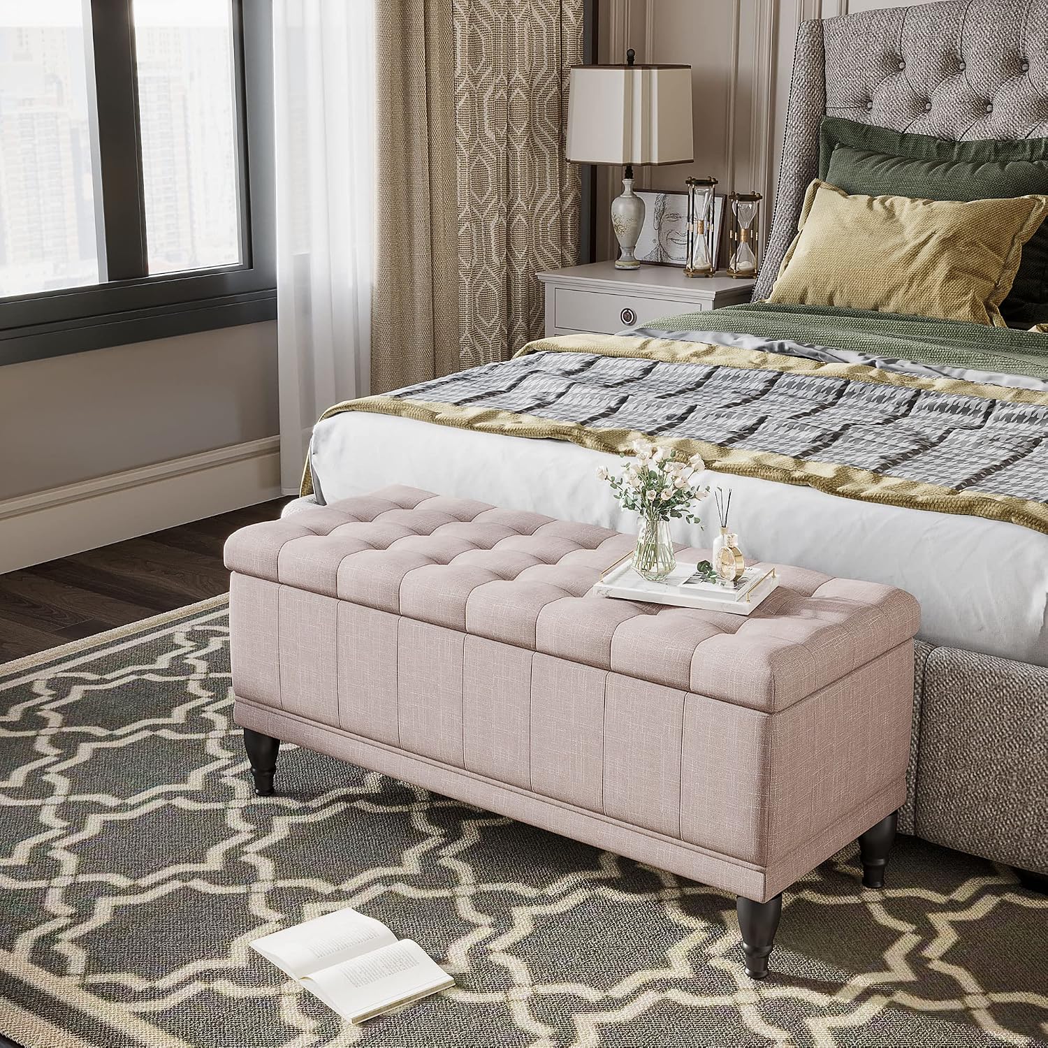 HOMCOM Large 42" Tufted Linen Fabric Ottoman Storage Bench with Soft Close Lid for Living Room, Entryway, or Bedroom - Beige