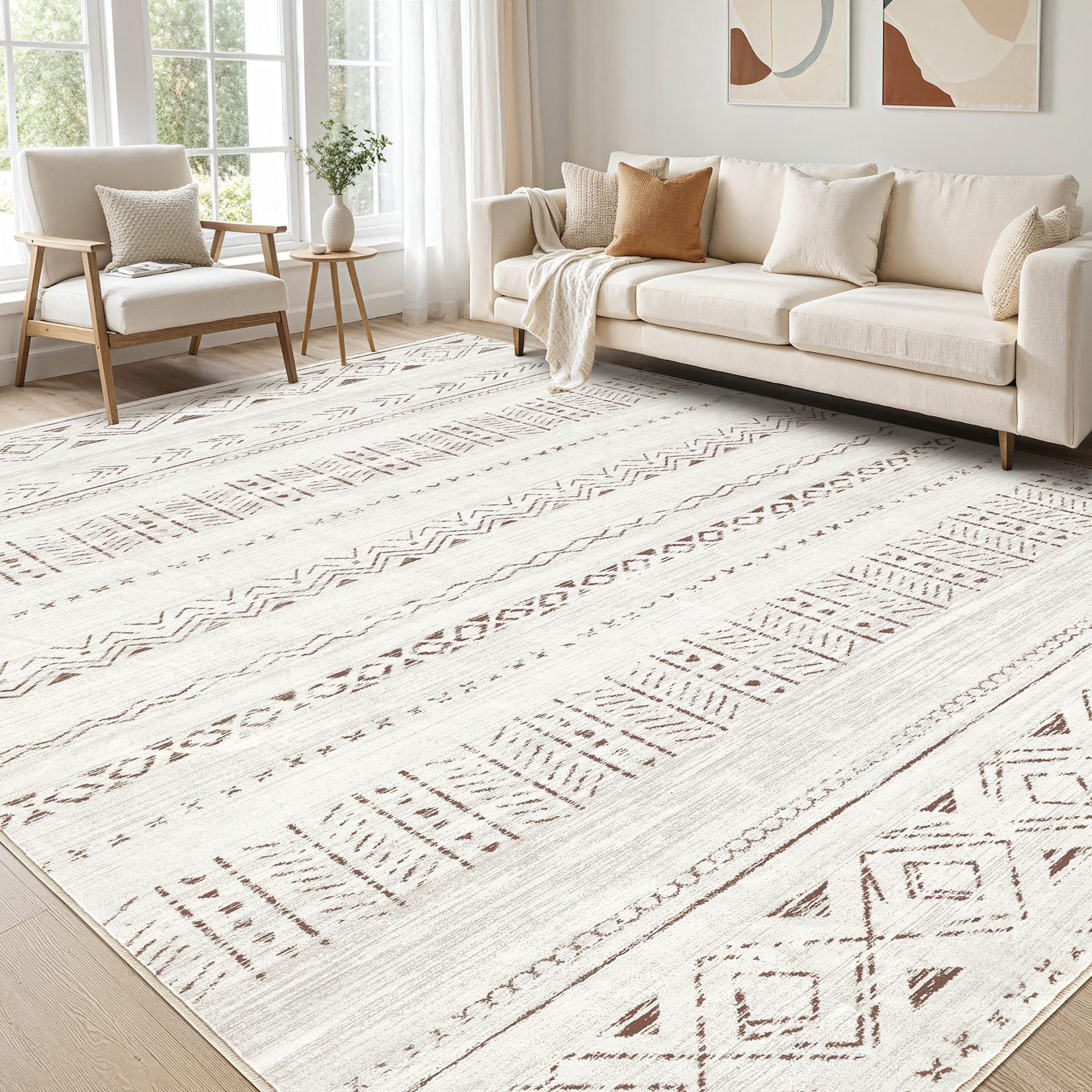 Large Living Room Area Rug 12x15: Soft Machine Washable Boho Moroccan Farmhouse Rugs for Bedroom Under Dining Table - Non-Slip Neutral Morden Indoor Floor Carpet for Home Office - Brown/Cream